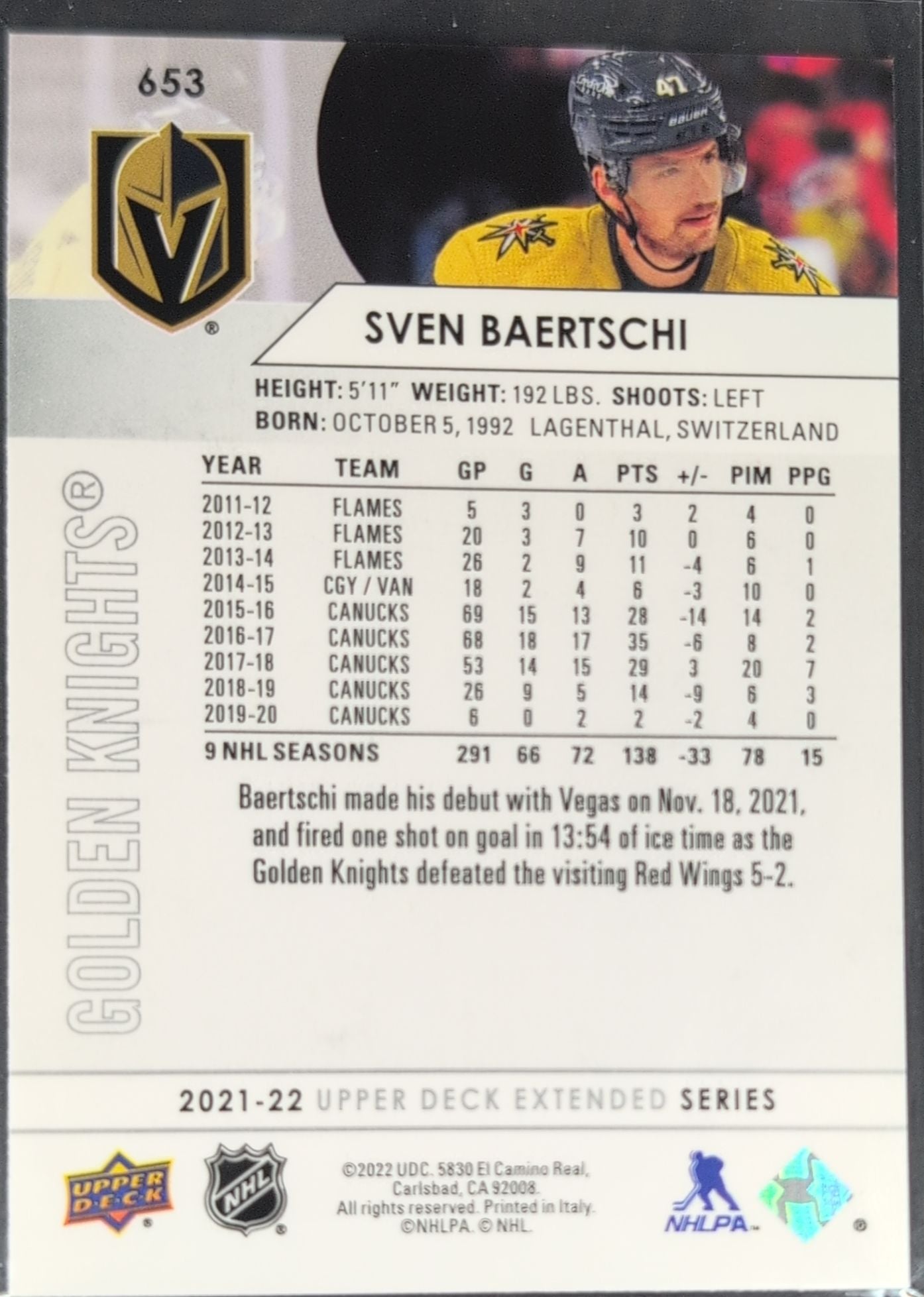 2021-22 Upper Deck Sven Baertschi #653 Vegas Golden Knights back