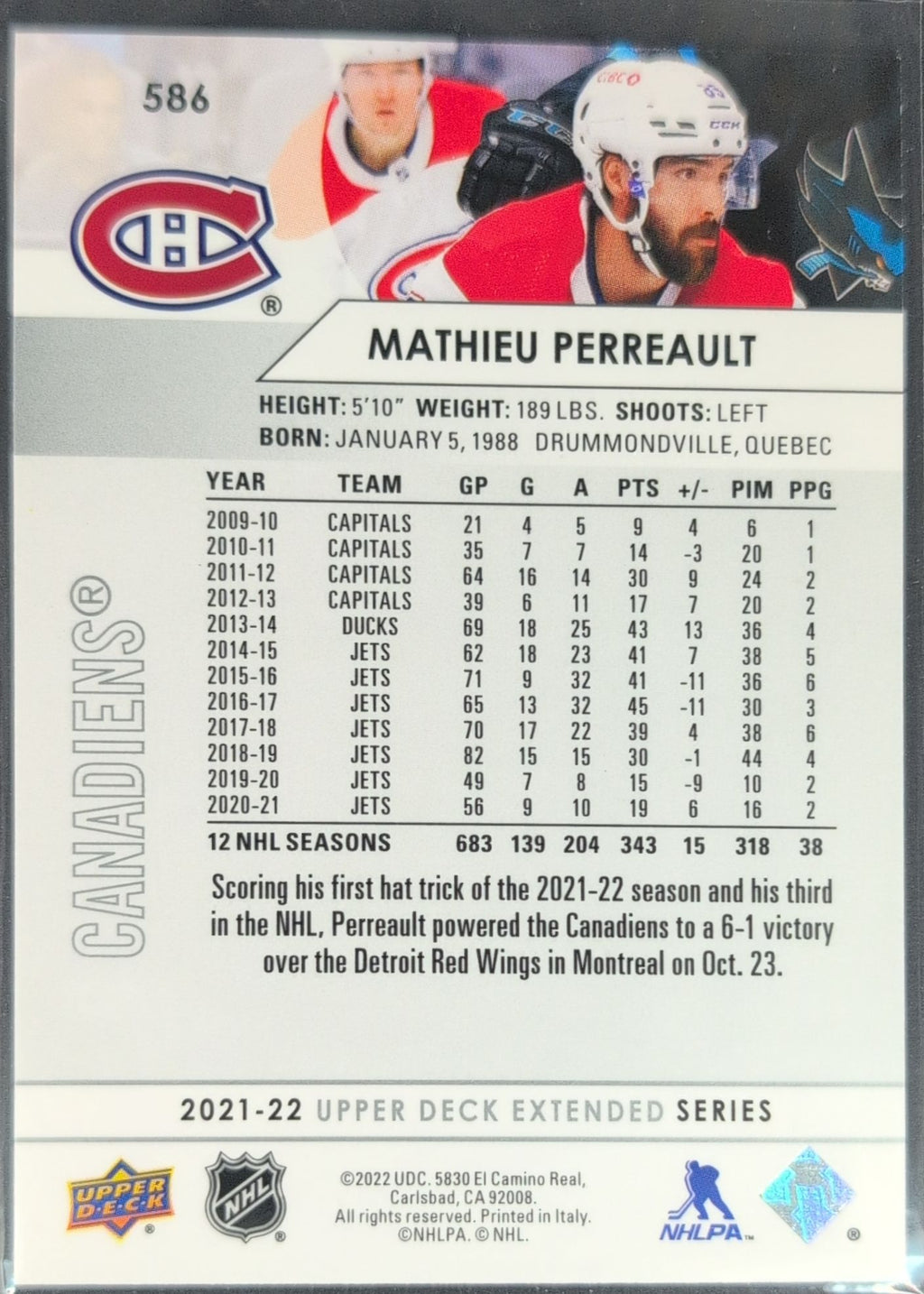 2021-2022 Upper Deck Mathieu Perreault #586 Montreal Canadiens back