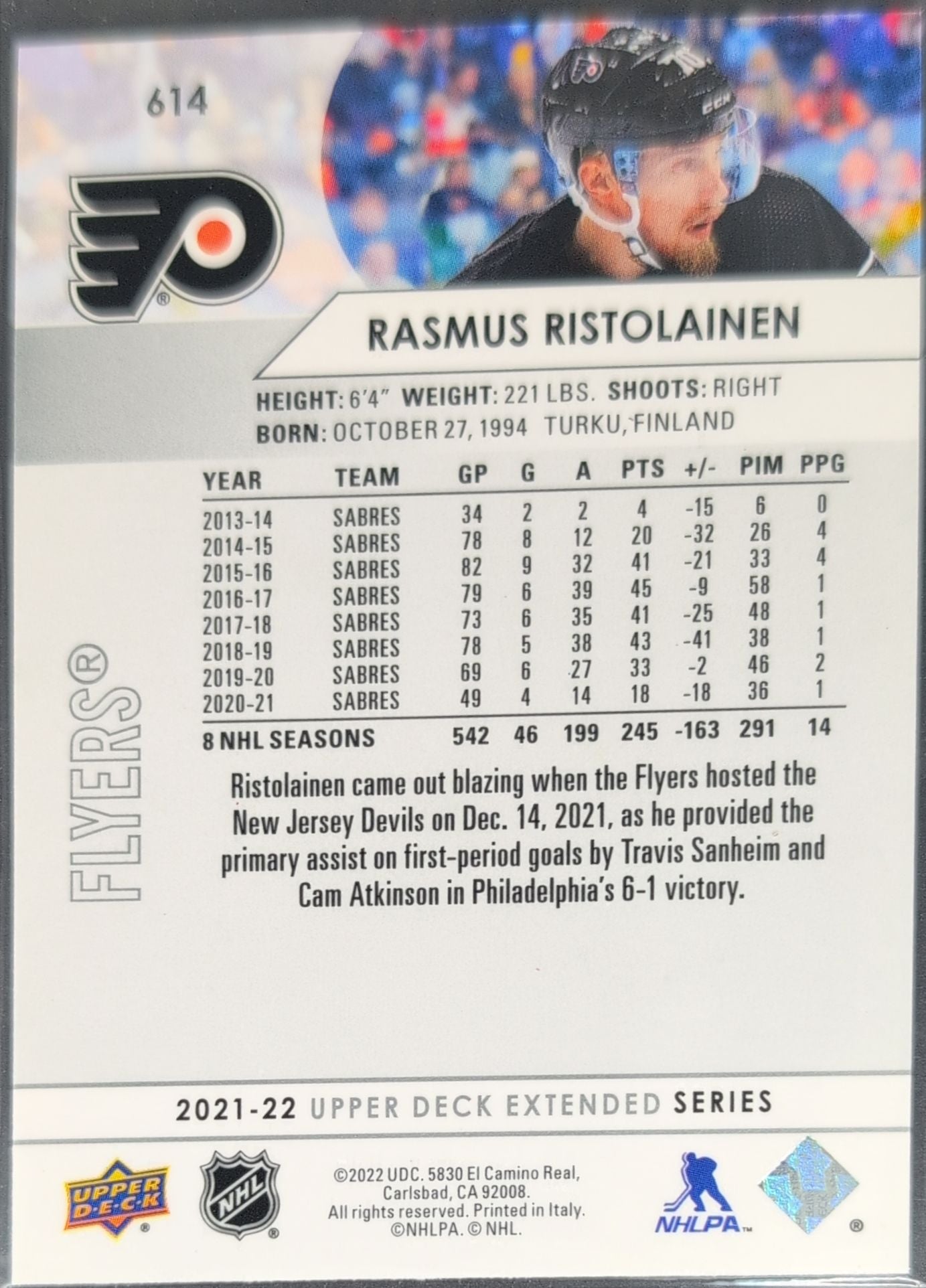 2021-2022 Upper Deck Rasmus Ristolainen #614 Philadelphia Flyers back