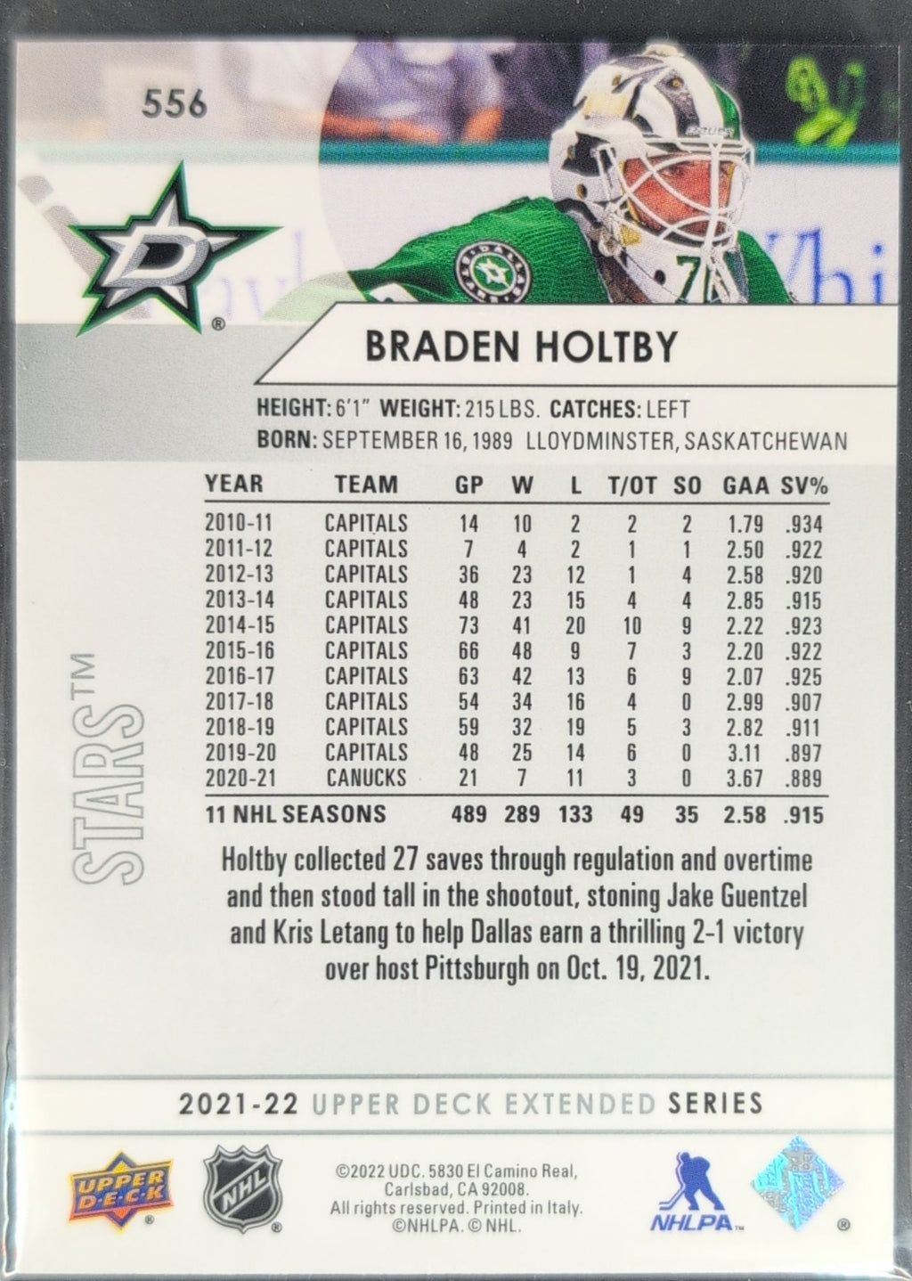 2021-2022 Upper Deck Braden Holtby #556 Dallas Stars back