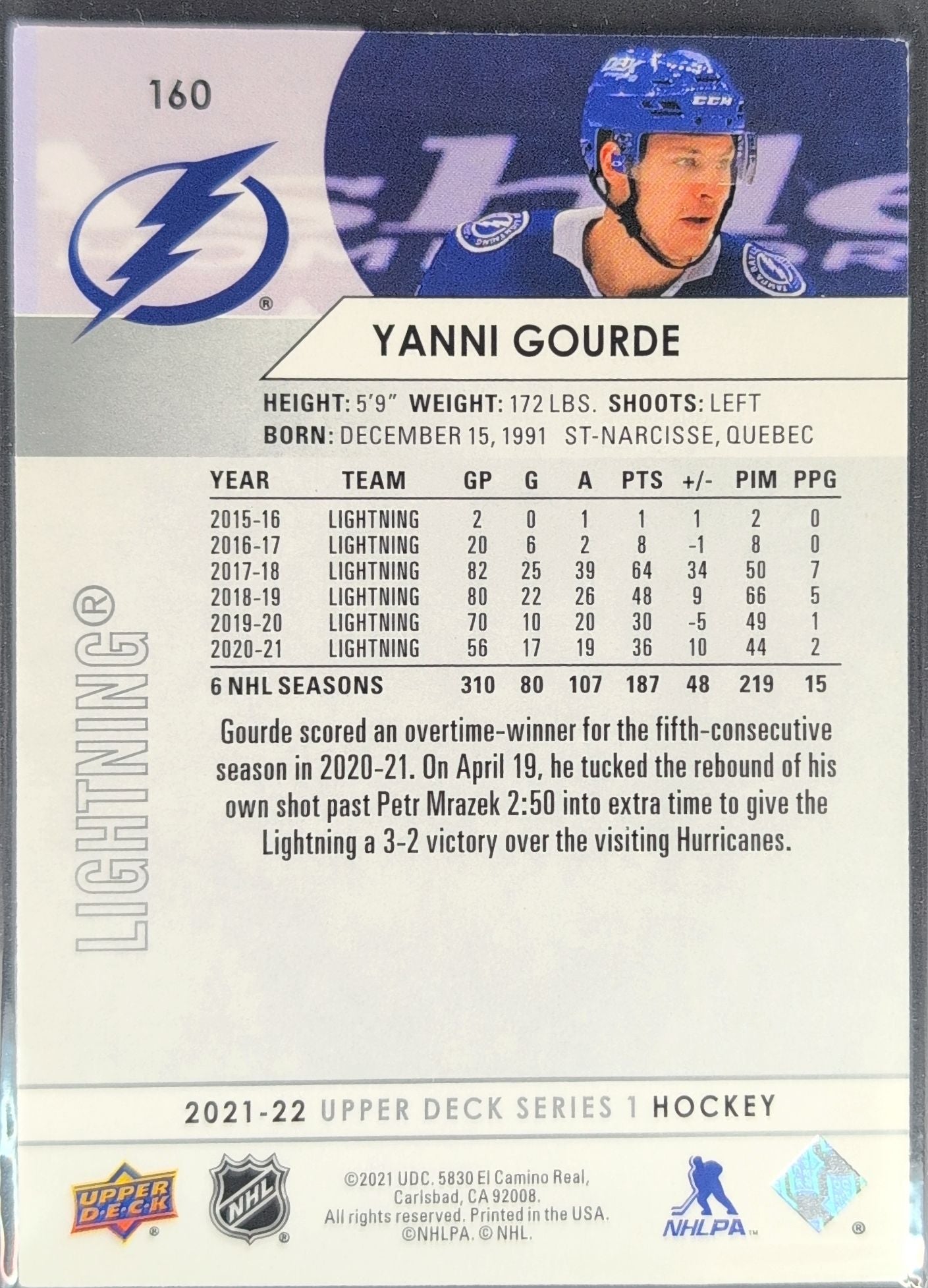 2021-2022 Upper Deck Yanni Gourde #160 Tampa Bay Lightning back