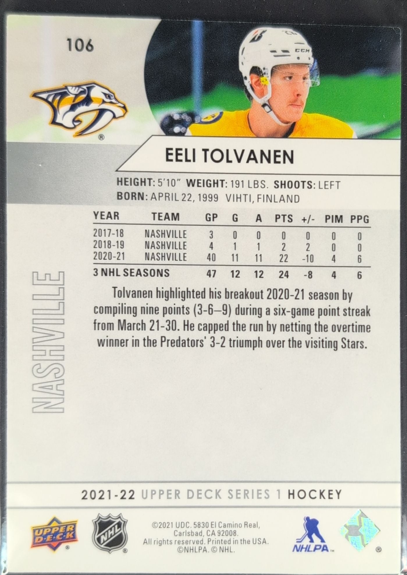 2021-2022 Upper Deck Eeli Tolvanen #106 Nashville Predators back