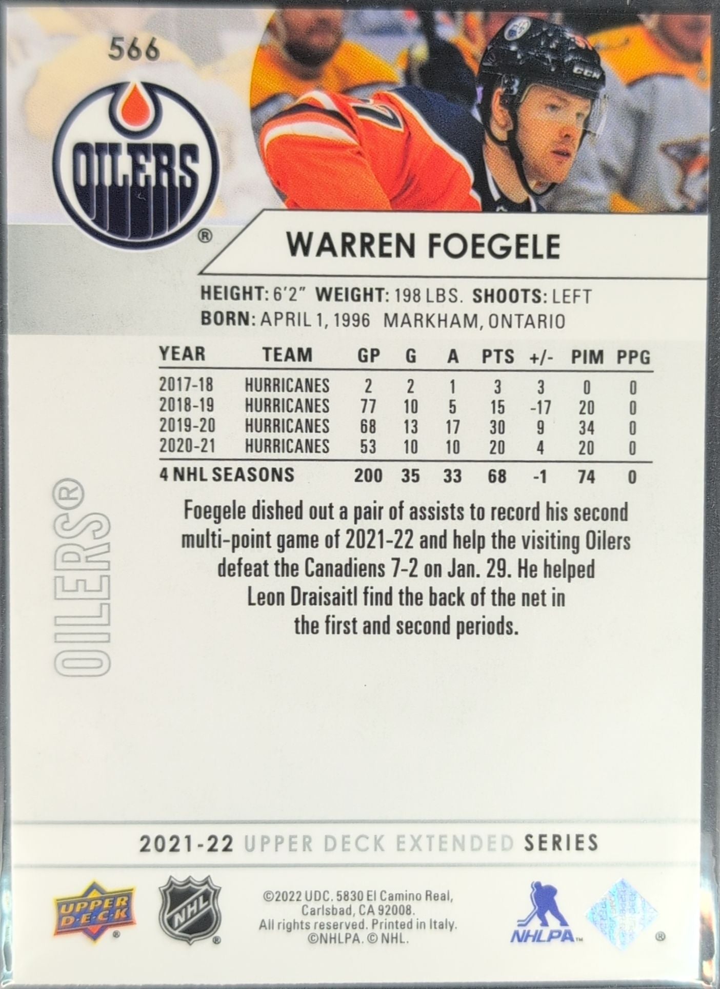 2021-22 Upper Deck Warren Foegele #566 Edmonton Oilers back