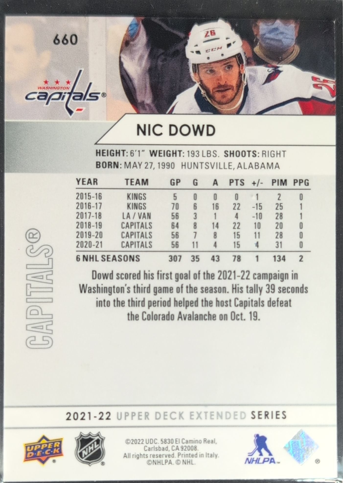 2021-2022 Upper Deck Nic Dowd #660 Washington Capitals back
