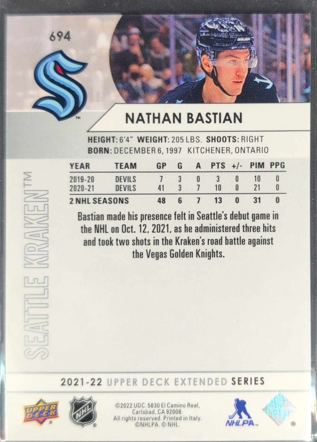 2021-2022 Upper Deck Nathan Bastian #694 Seattle Kraken back