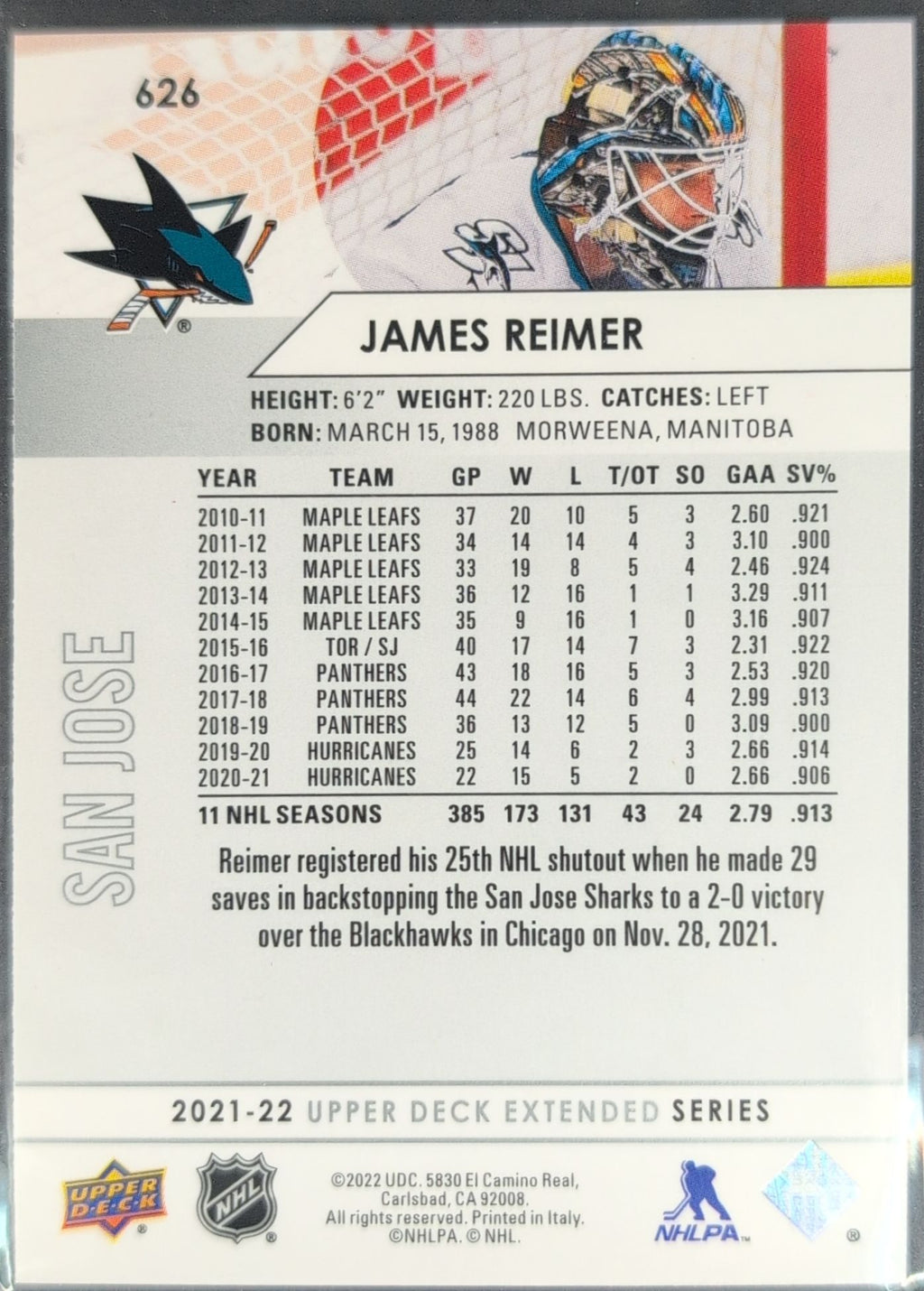 2021-22 Upper Deck James Reimer #626 San Jose Sharks back