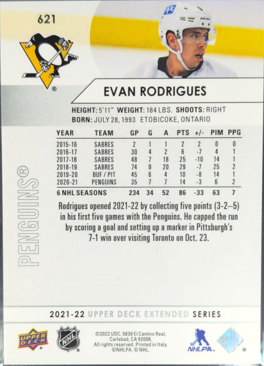 2021-22 Upper Deck Evan Rodrigues #621 Pittsburgh Penguins back