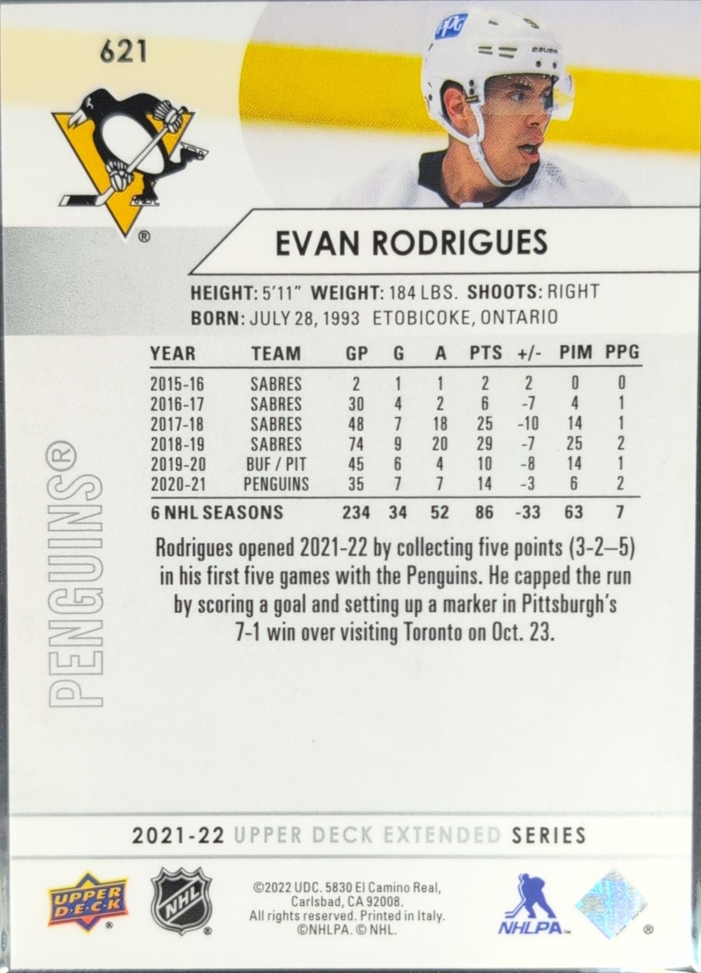 2021-22 Upper Deck Evan Rodrigues #621 Pittsburgh Penguins back