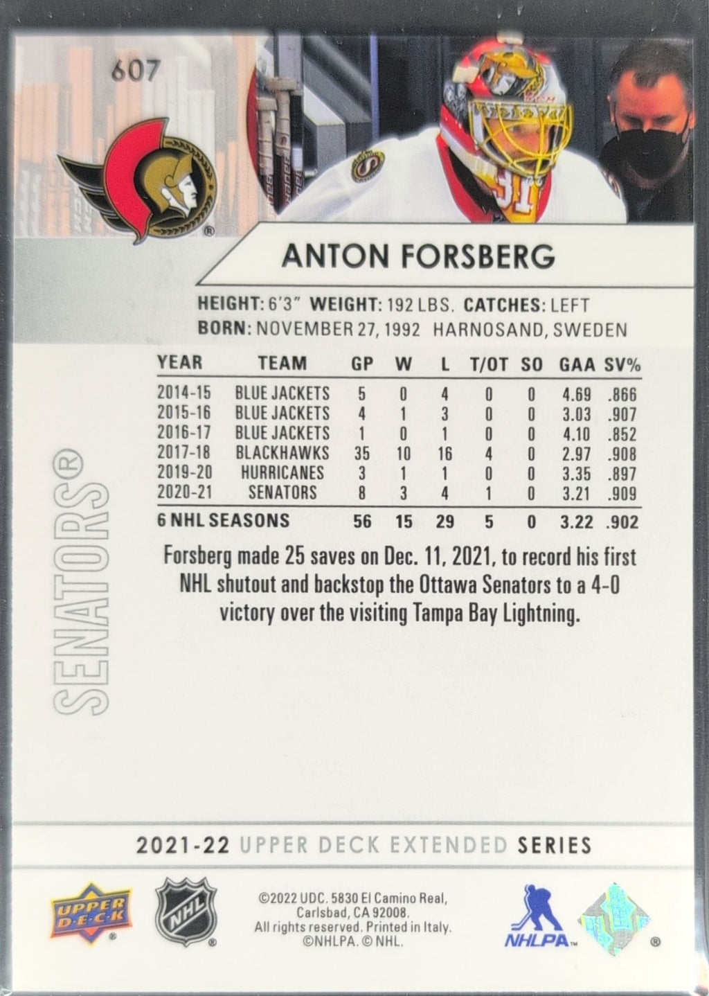 2021-22 Upper Deck Anton Forsberg #607 Ottawa Senators back