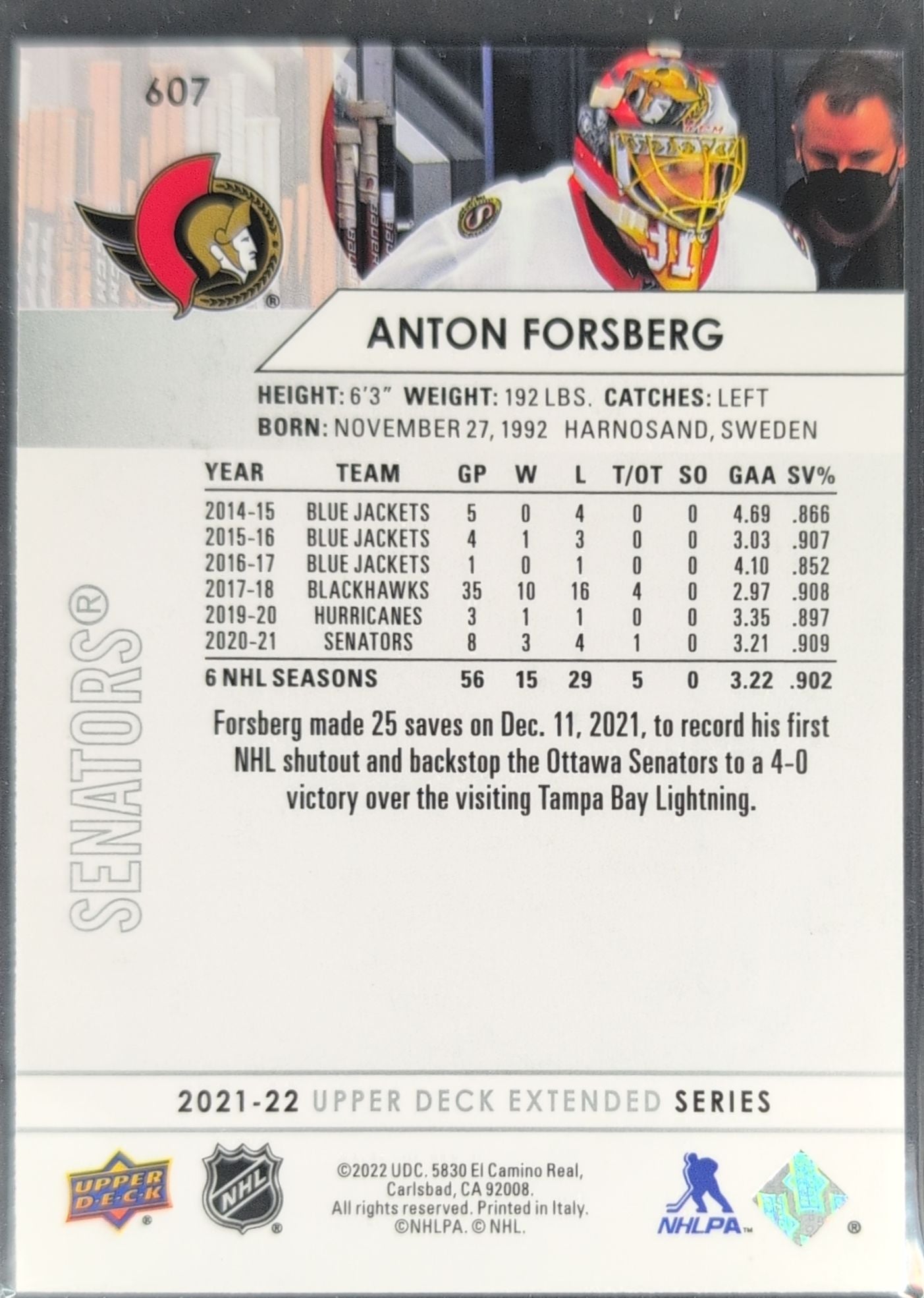 2021-22 Upper Deck Anton Forsberg #607 Ottawa Senators back