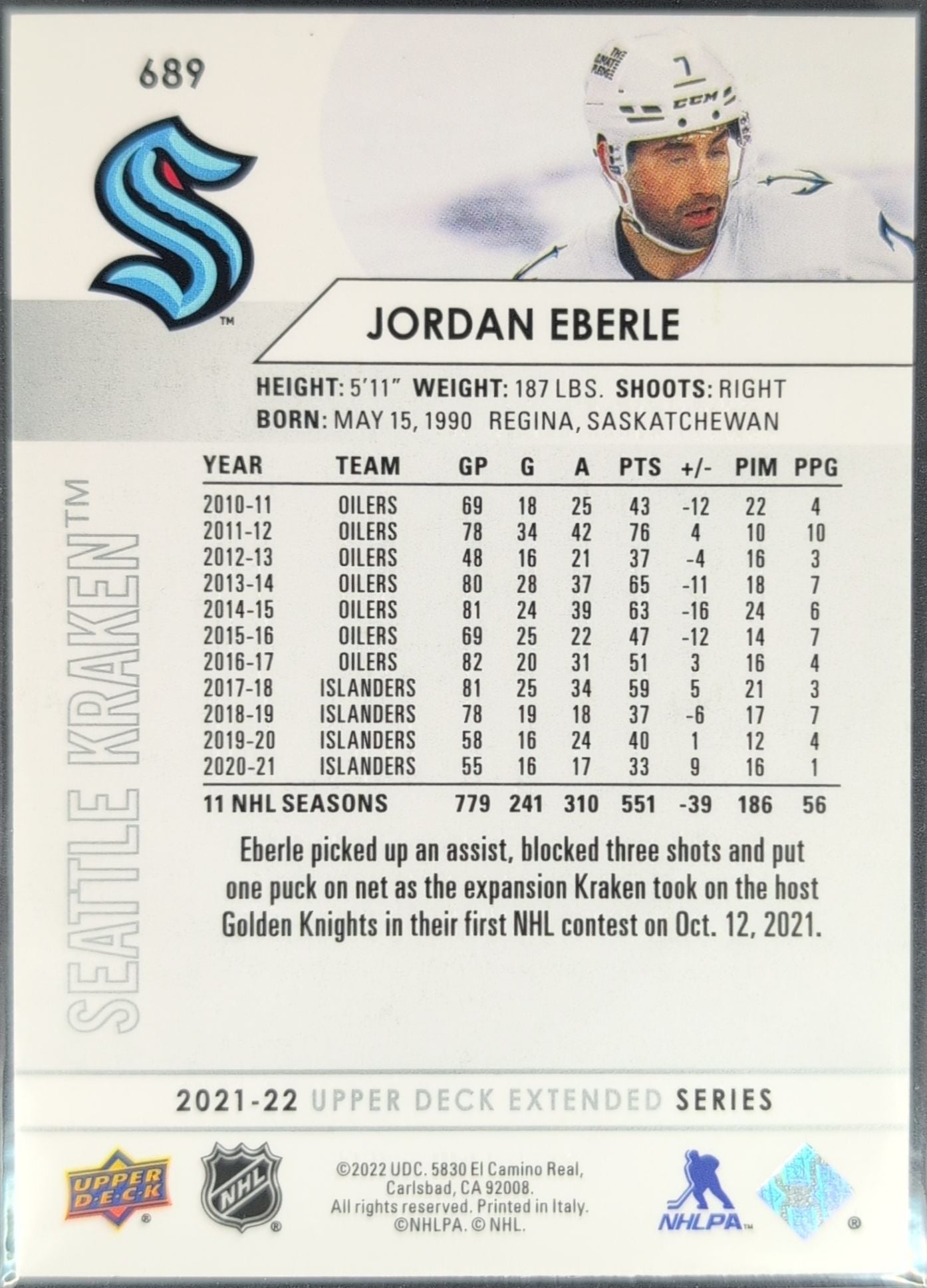 2021-2022 Upper Deck Jordan Eberle #689 Seattle Kraken back