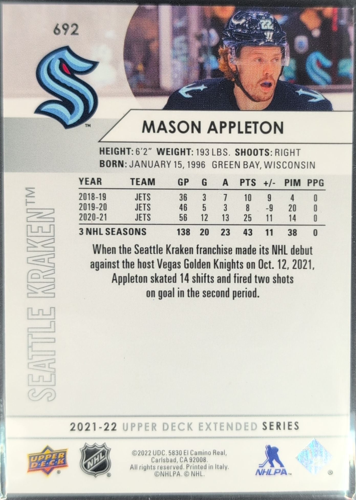 2021-22 Upper Deck Mason Appleton #692 Seattle Kraken back
