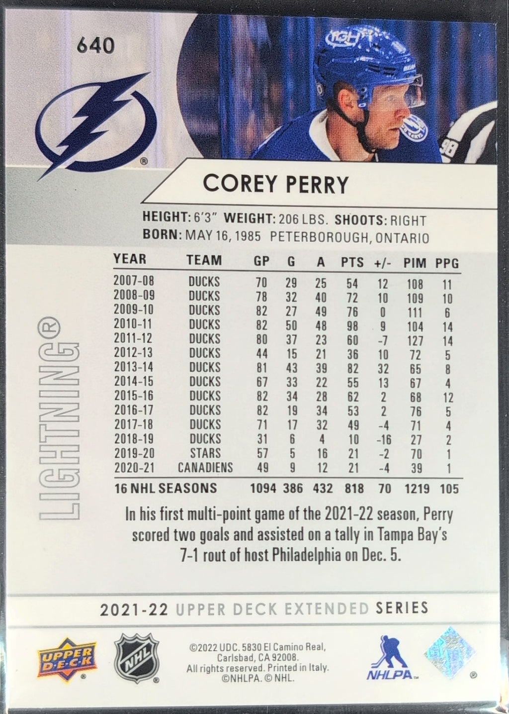 2021-2022 Upper Deck Corey Perry #640 Tampa Bay Lightning back
