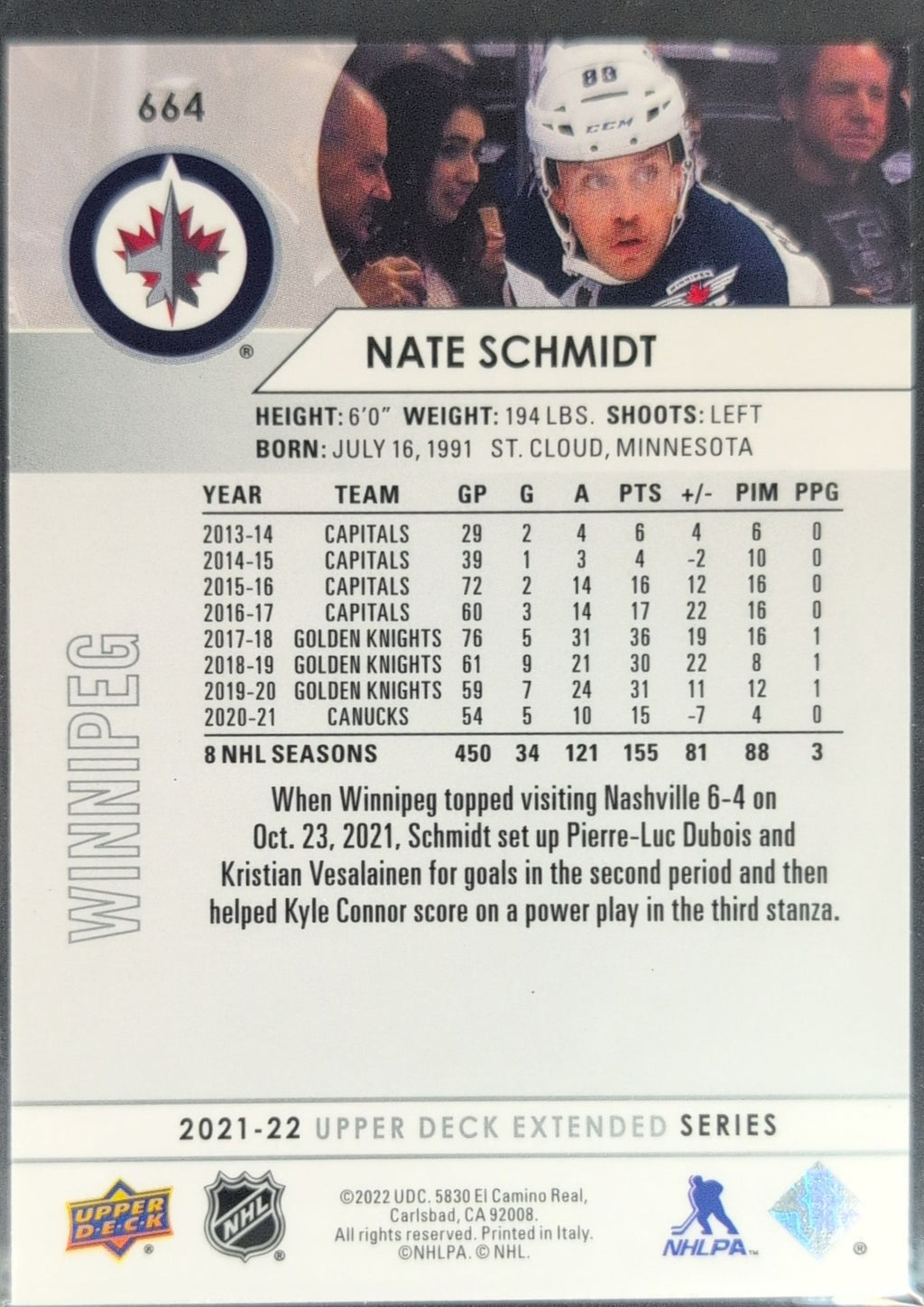 2021-2022 Upper Deck Nate Schmidt #664 Winnipeg Jets back