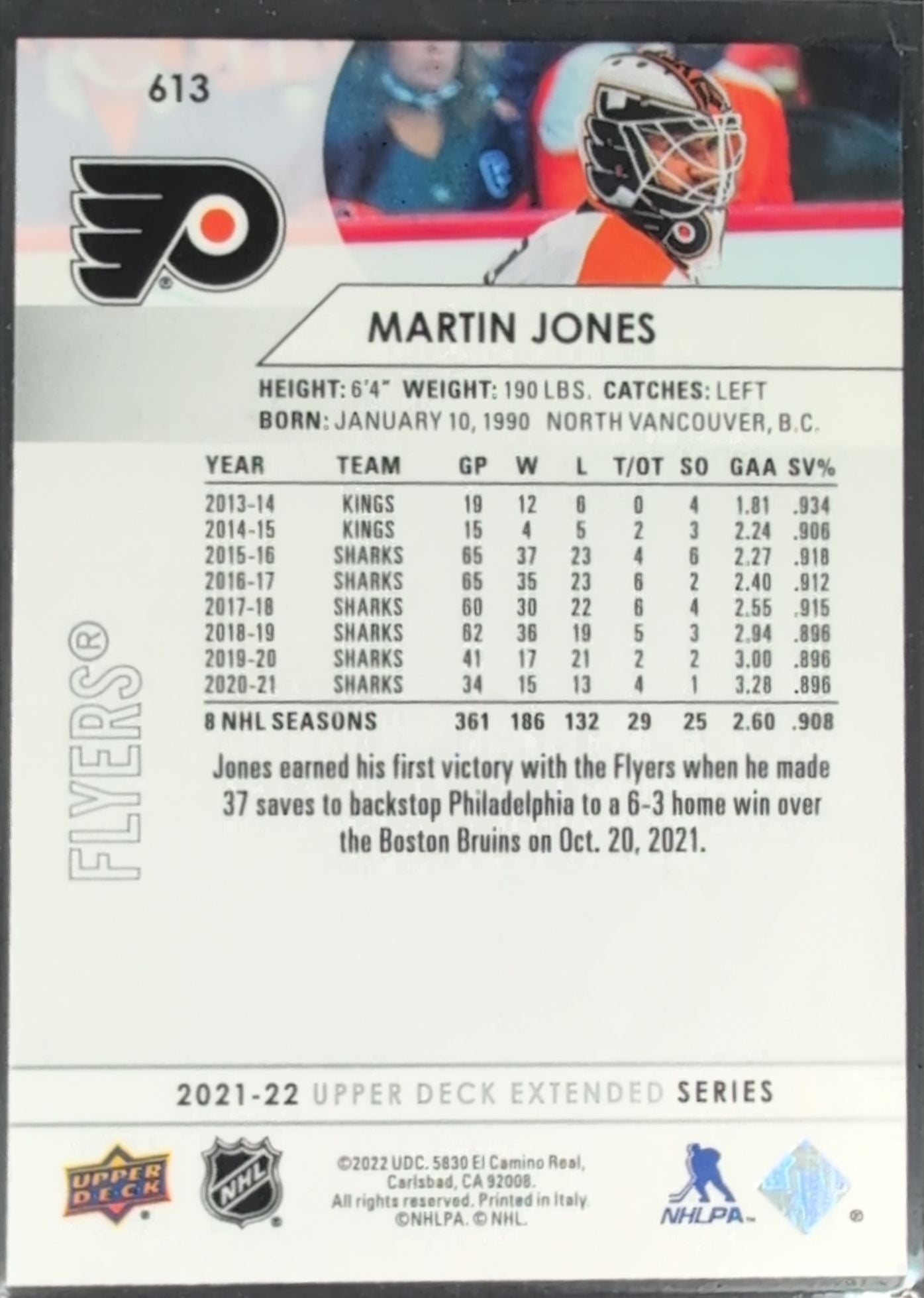 2021-22 Upper Deck Martin Jones #613 Philadelphia Flyers back