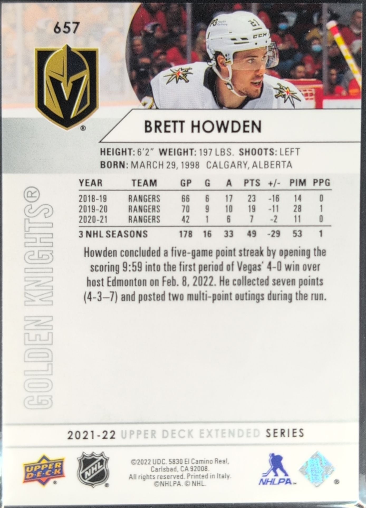 2021-22 Upper Deck Brett Howden #657 Vegas Golden Knights back