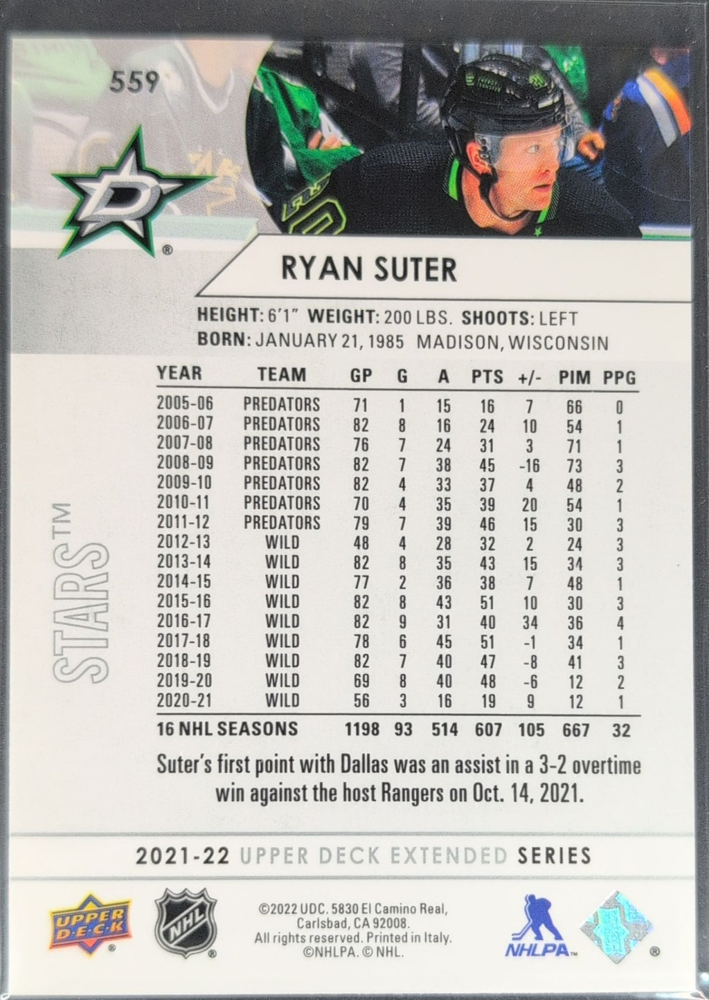 2021-2022 Upper Deck Ryan Suter #559 Dallas Stars back