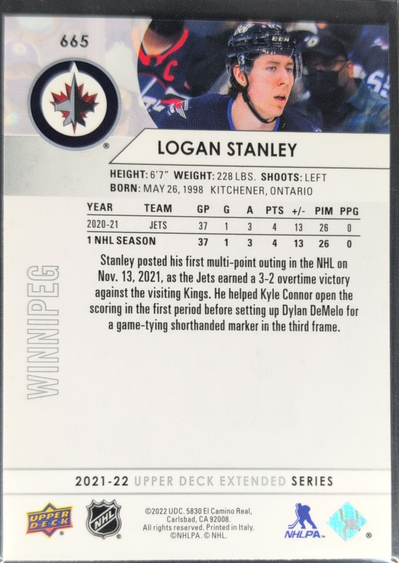 2021-22 Upper Deck Logan Stanley #665 Winnipeg Jets back
