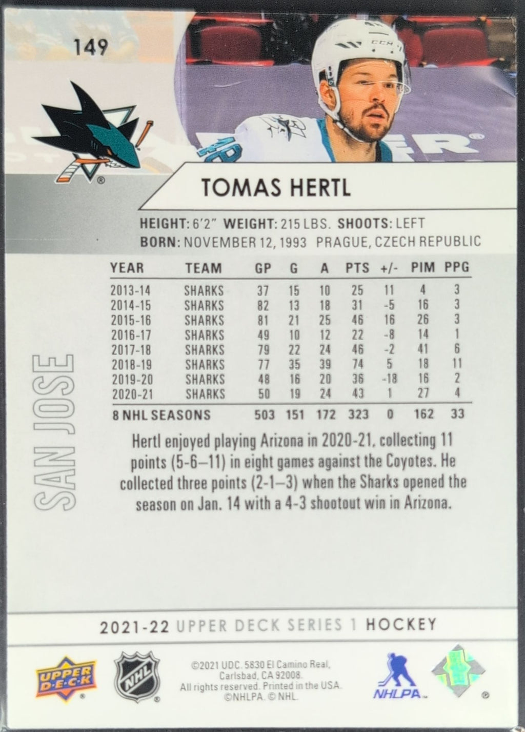 2021-2022 Upper Deck Tomas Hertl #149 San Jose Sharks back