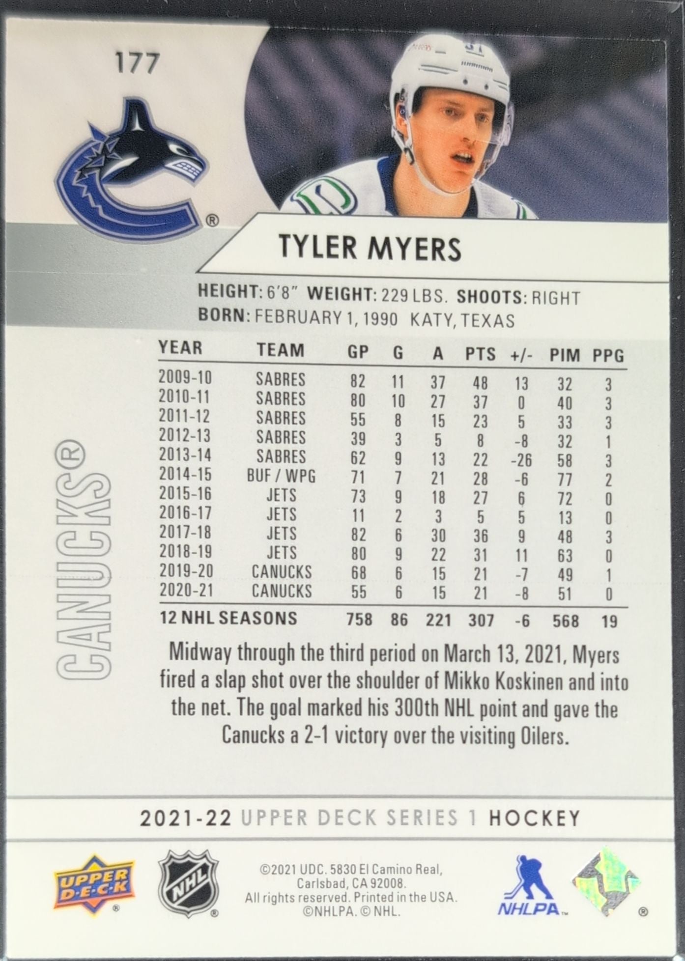 2021-22 Upper Deck Tyler Myers #177 Vancouver Canucks back