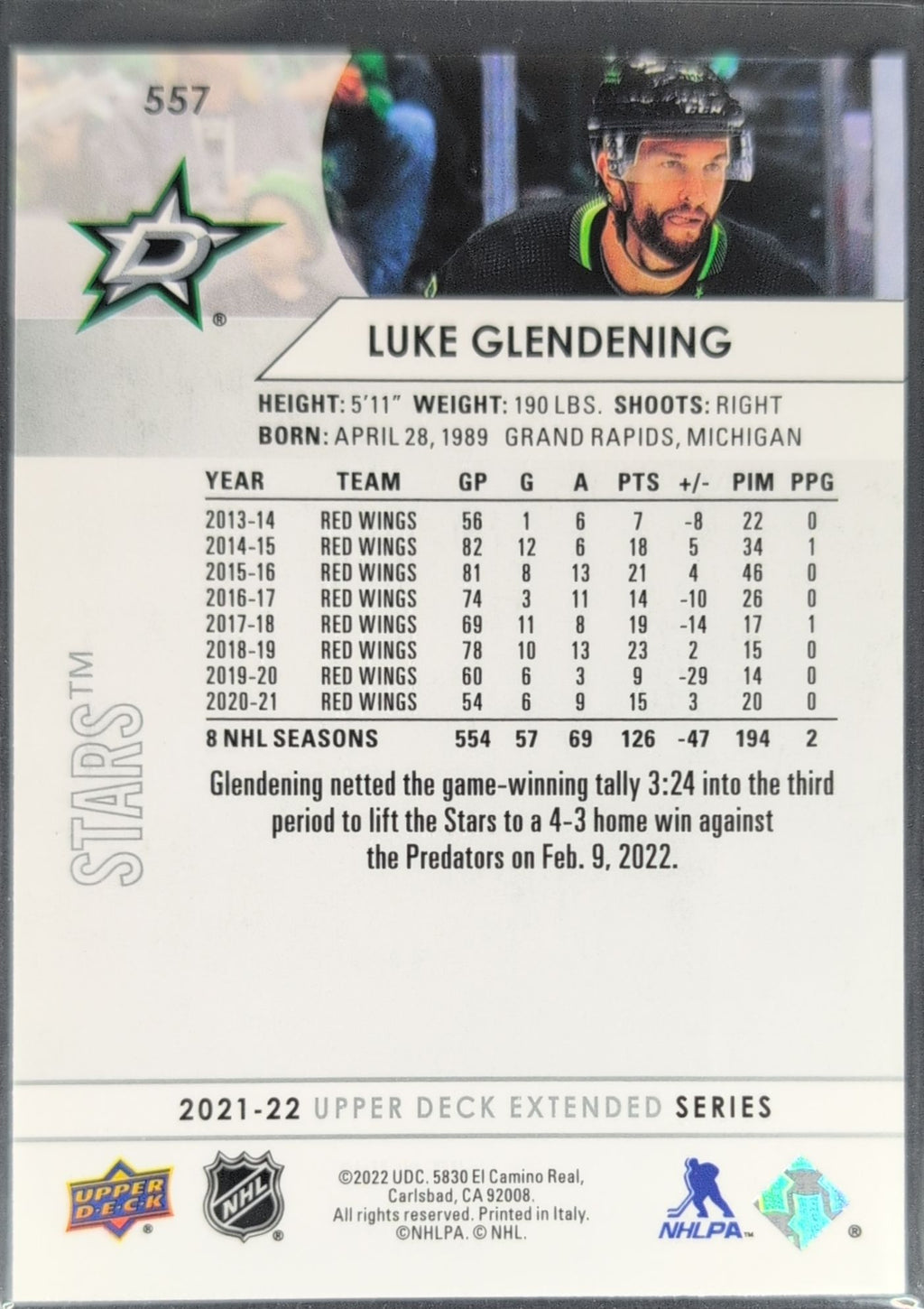 2021-22 Upper Deck Luke Glendening #557 Dallas Stars back