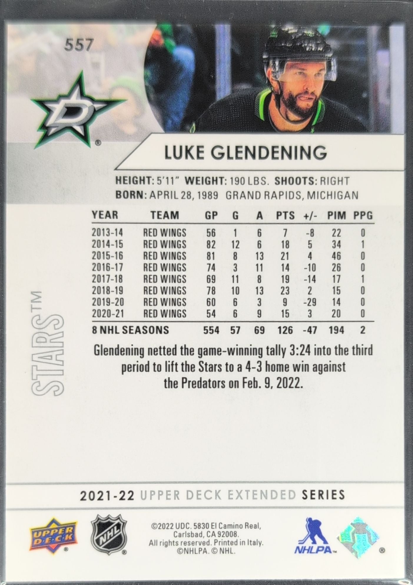 2021-22 Upper Deck Luke Glendening #557 Dallas Stars back