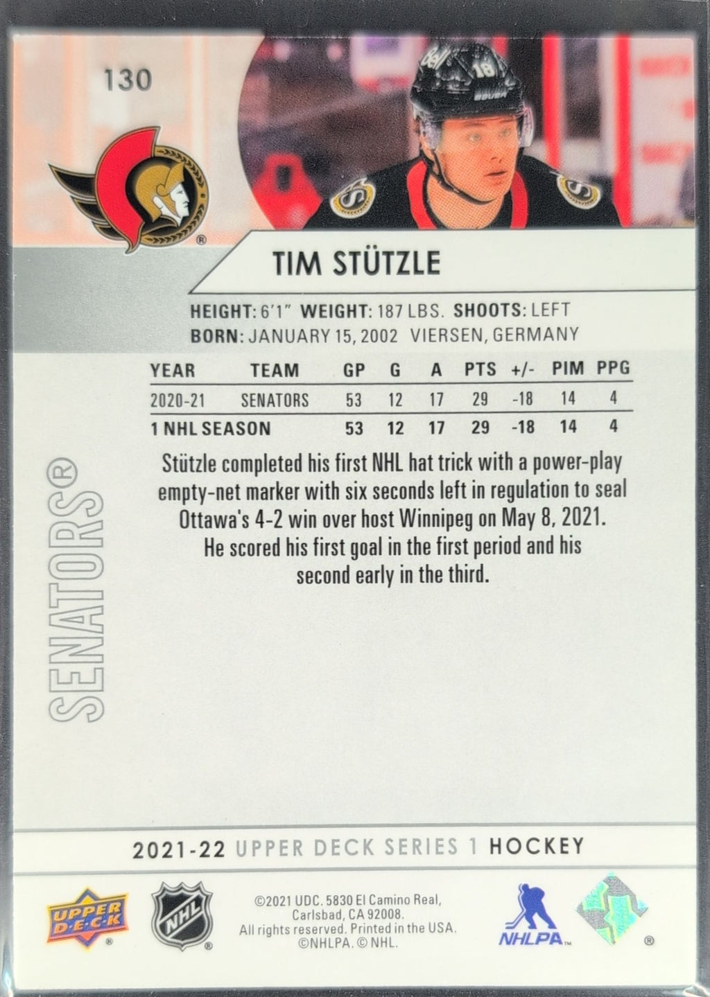 2021-22 Upper Deck Tim Stutzle #130 Ottawa Senators back