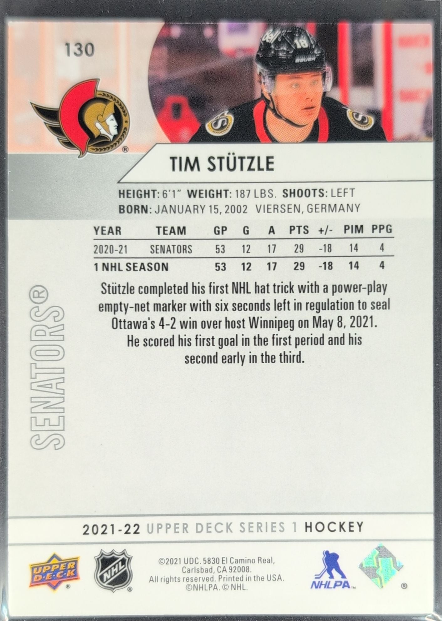 2021-22 Upper Deck Tim Stutzle #130 Ottawa Senators back