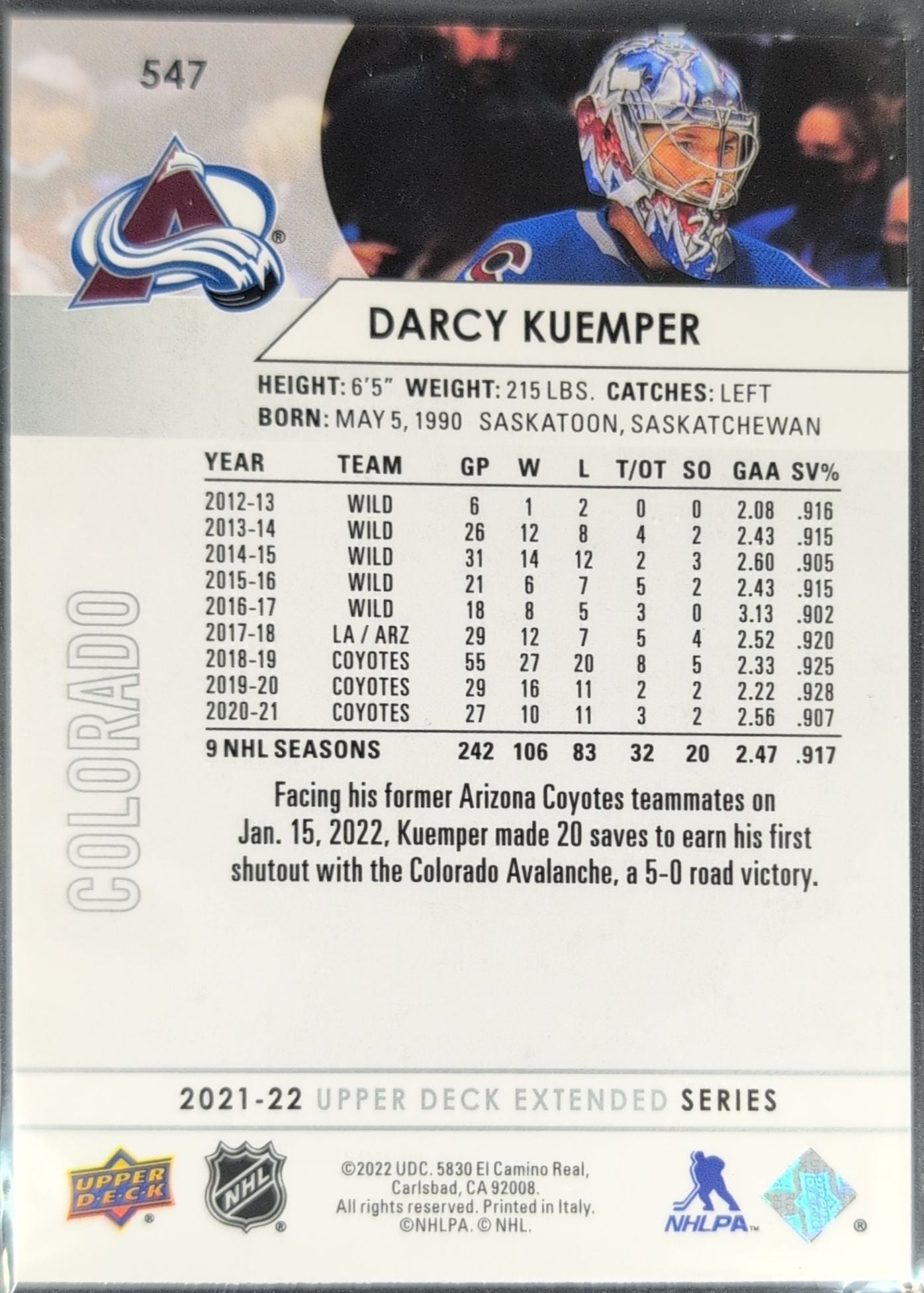 2021-2022 Upper Deck Darcy Kuemper #547 Colorado Avalanche back