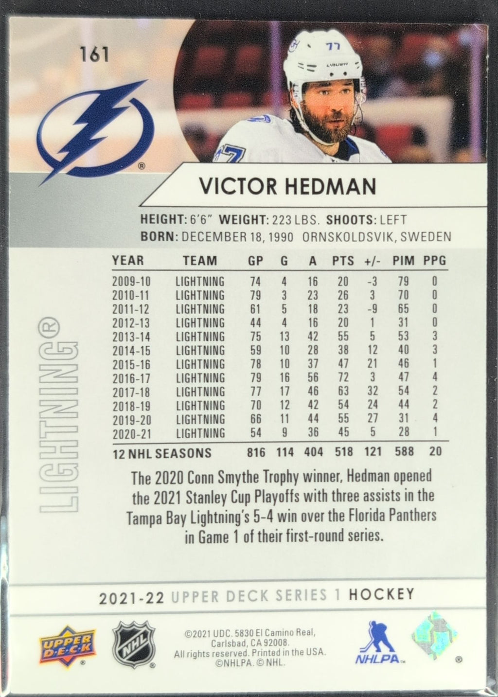2021-2022 Upper Deck Victor Hedman #161 Tampa Bay Lightning back