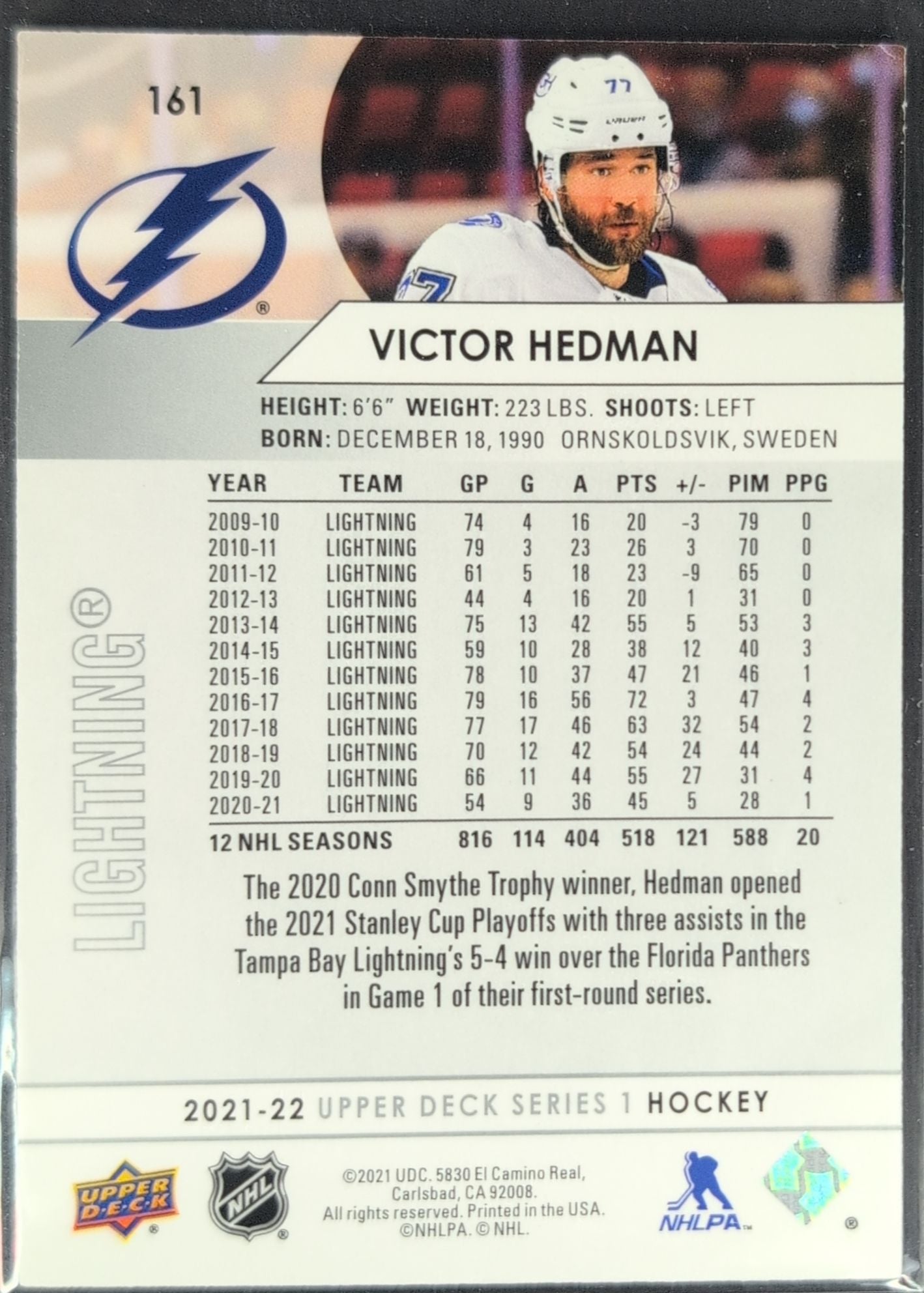 2021-2022 Upper Deck Victor Hedman #161 Tampa Bay Lightning back