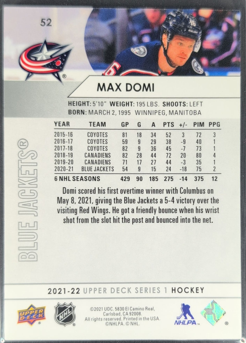 2021-22 Upper Deck Max Domi #52 Columbus Blue Jackets back