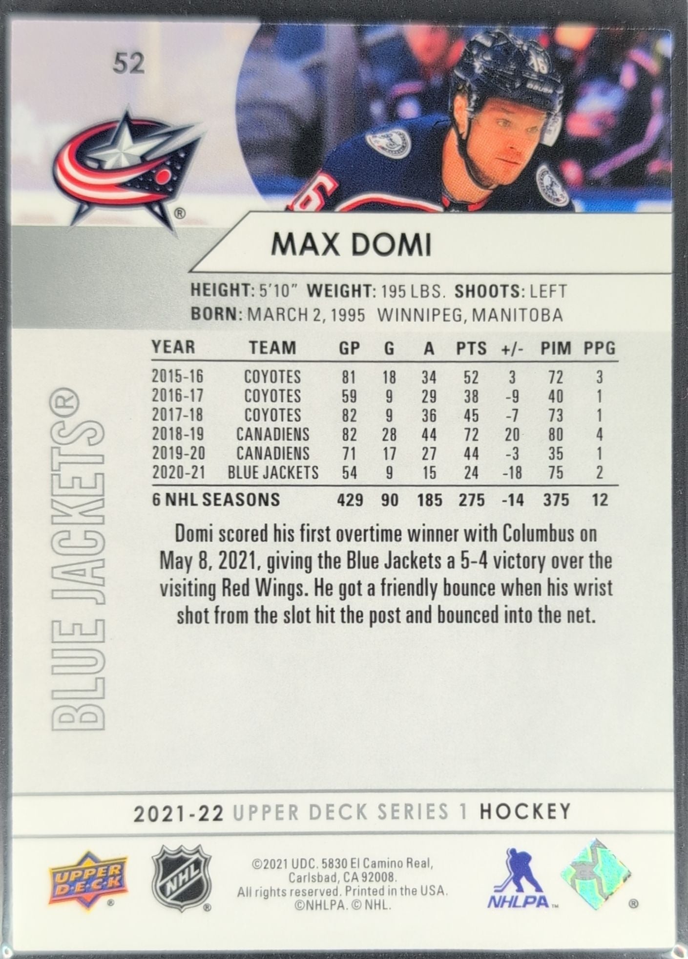 2021-22 Upper Deck Max Domi #52 Columbus Blue Jackets back