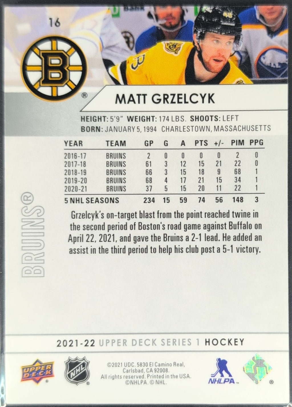 2021-22 Upper Deck Matt Grzelcyk #16 Boston Bruins back