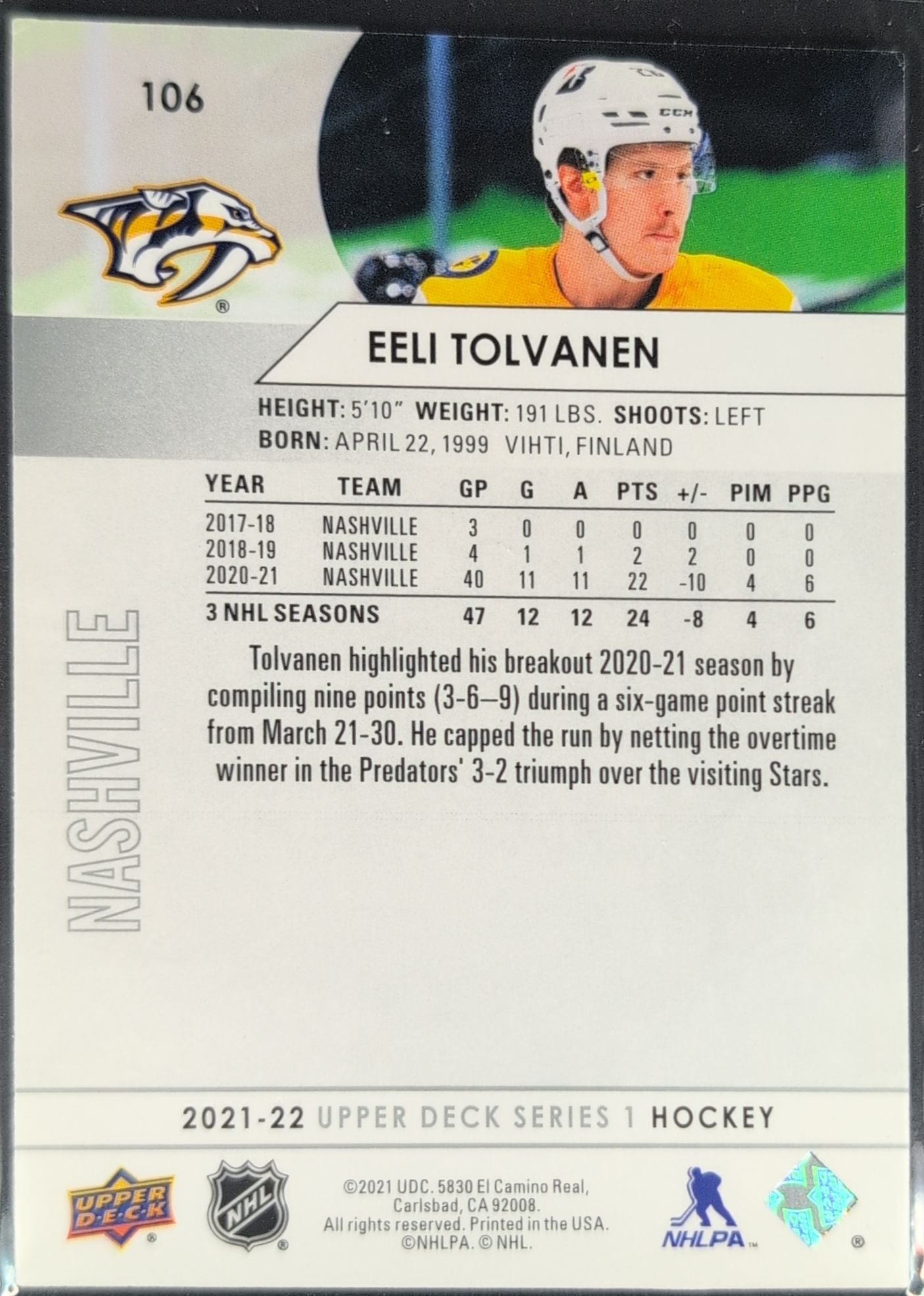 2021-2022 Upper Deck Eeli Tolvanen #106 Nashville Predators back