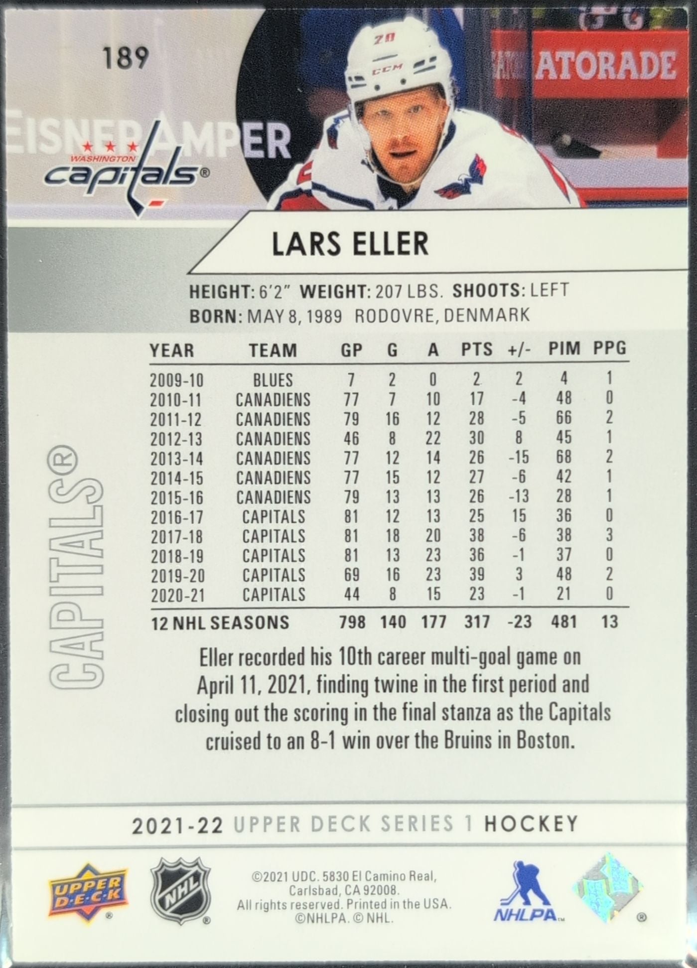2021-2022 Upper Deck Lars Eller #189 Washington Capitals back