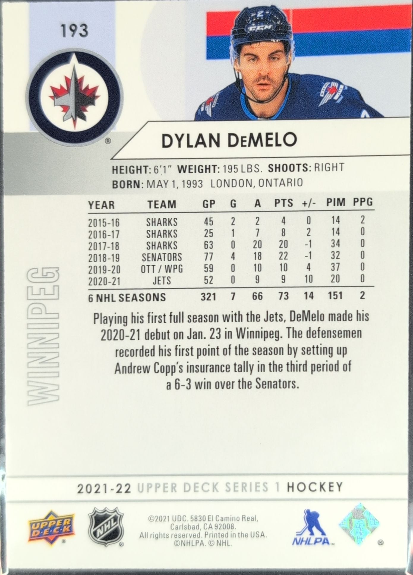 2021-2022 Upper Deck Dylan DeMelo #193 Winnipeg Jets back