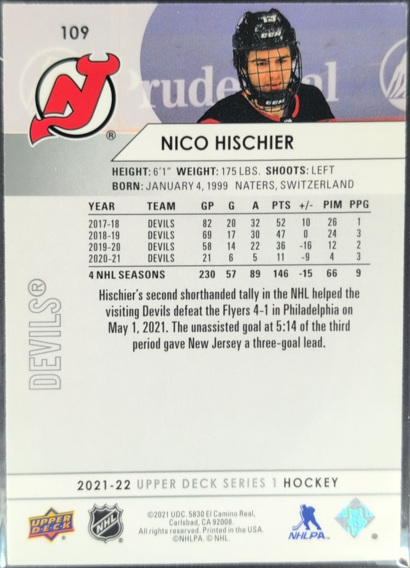 2021-2022 Upper Deck Nico Hischier #109 New Jersey Devils back