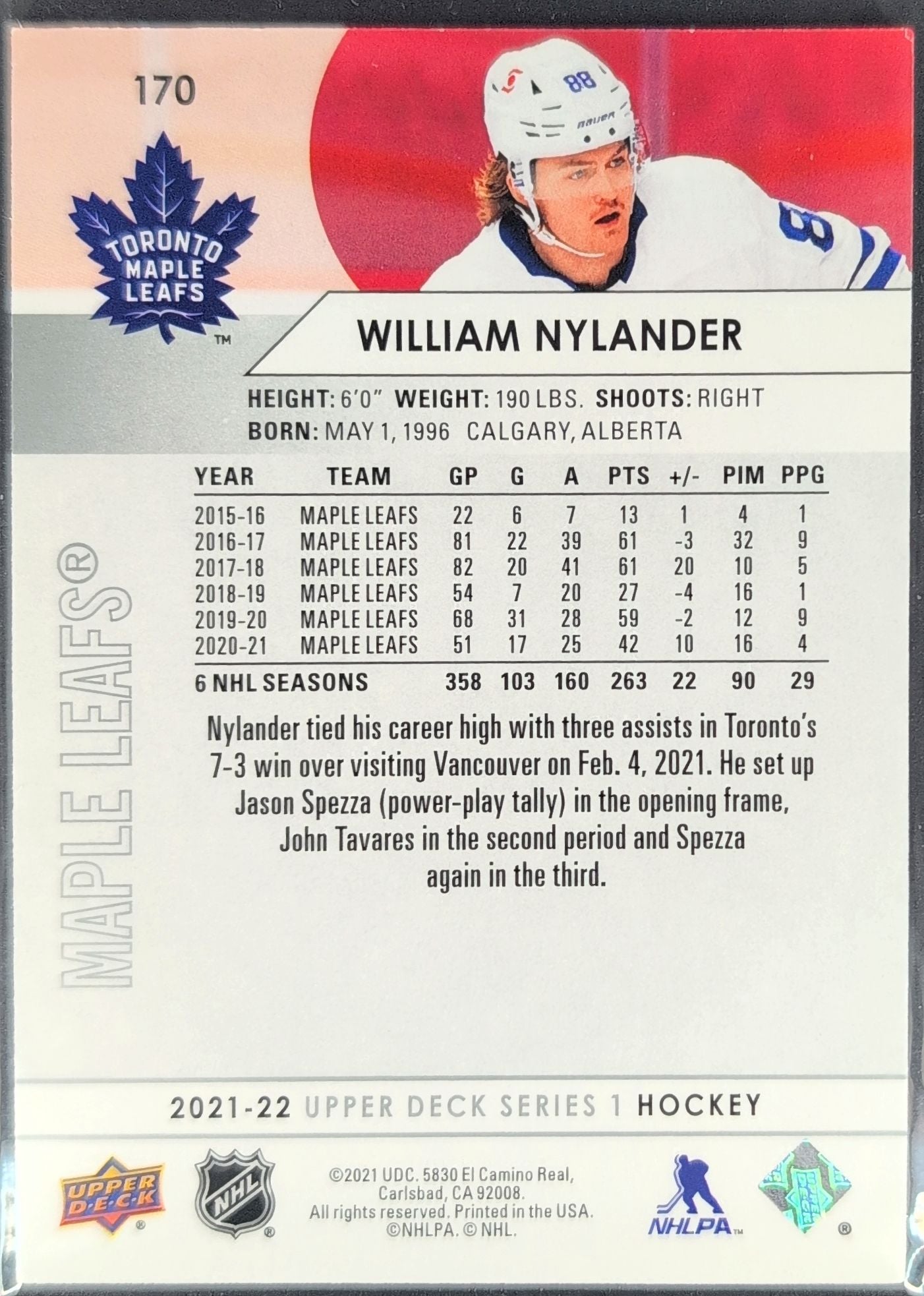 2021-22 Upper Deck William Nylander #170 Toronto Maple Leafs back