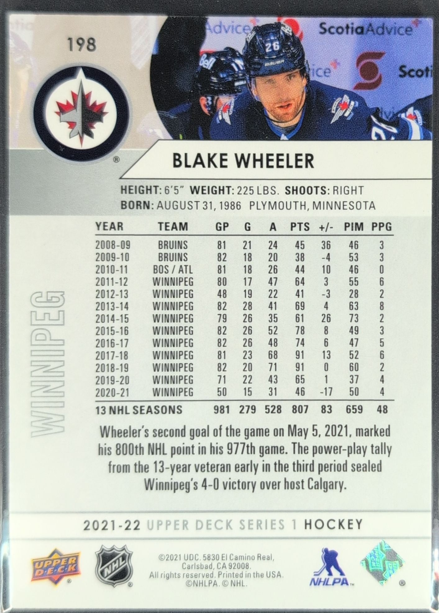 2021-22 Upper Deck Blake Wheeler #198 Winnipeg Jets back