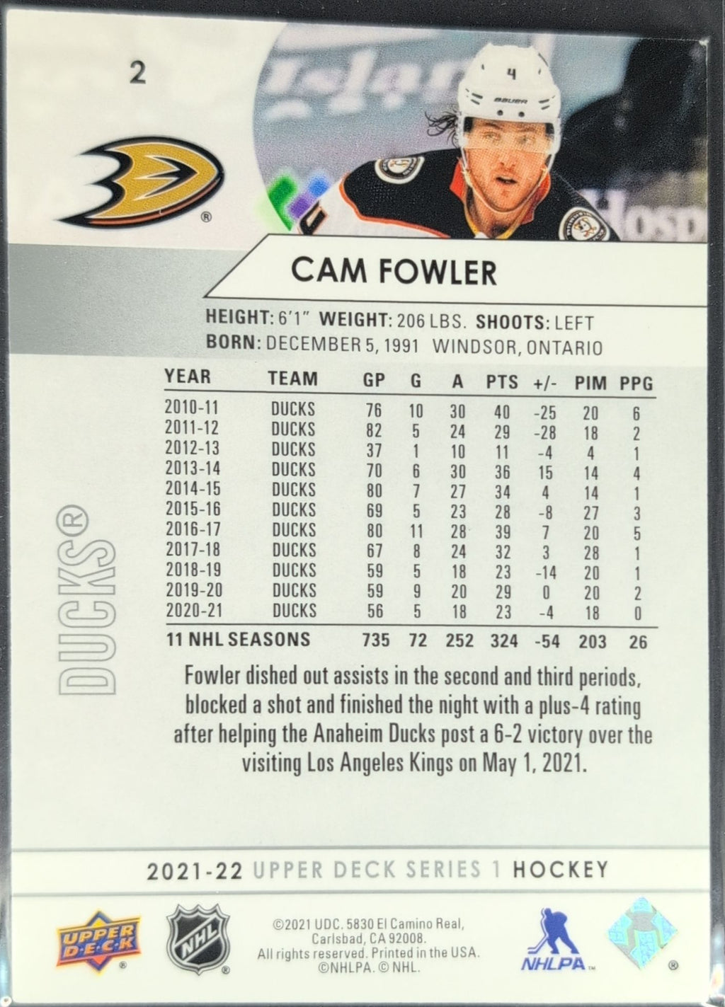 2021-2022 Upper Deck Cam Fowler #2 Anaheim Ducks back