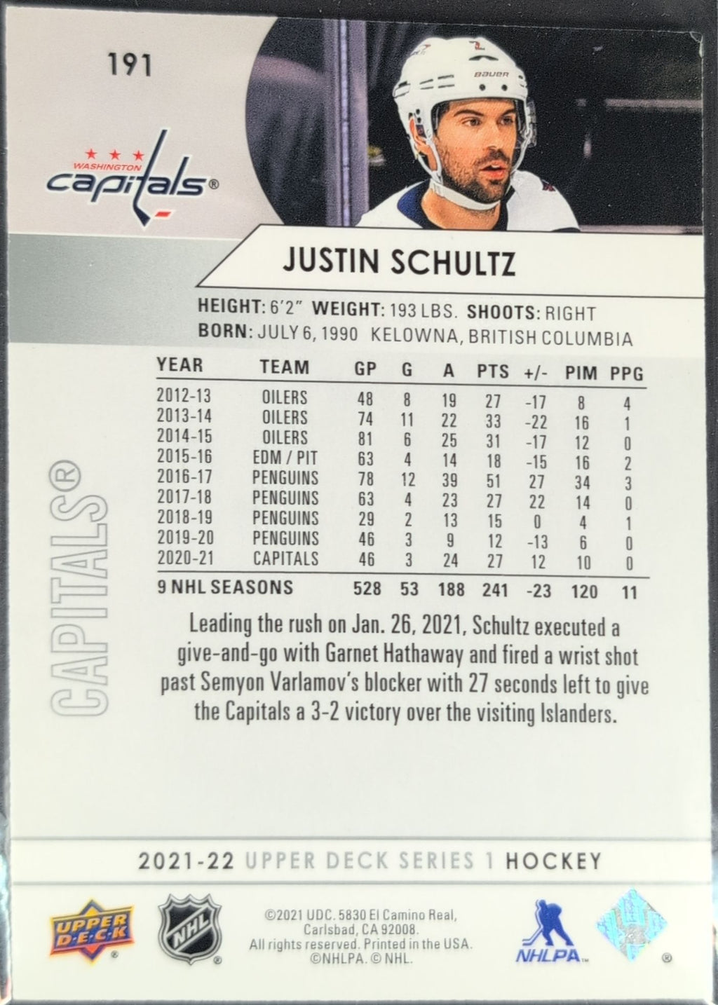 2021-22 Upper Deck Justin Schultz #191 Washington Capitals back