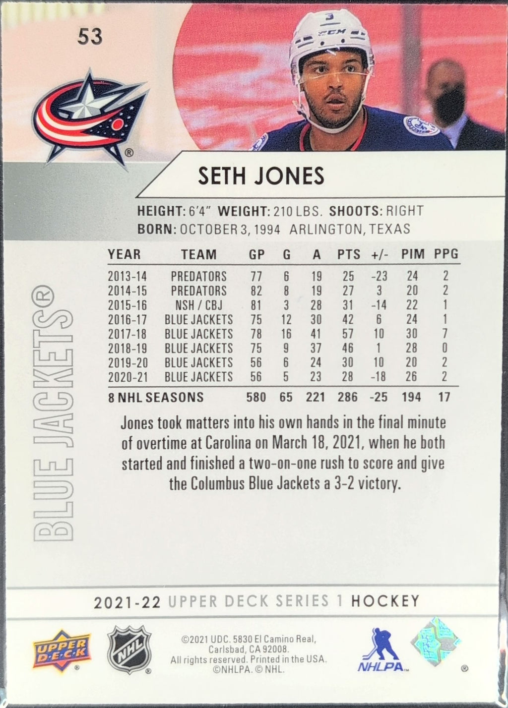 2021-22 Upper Deck Seth Jones #53 Columbus Blue Jackets back