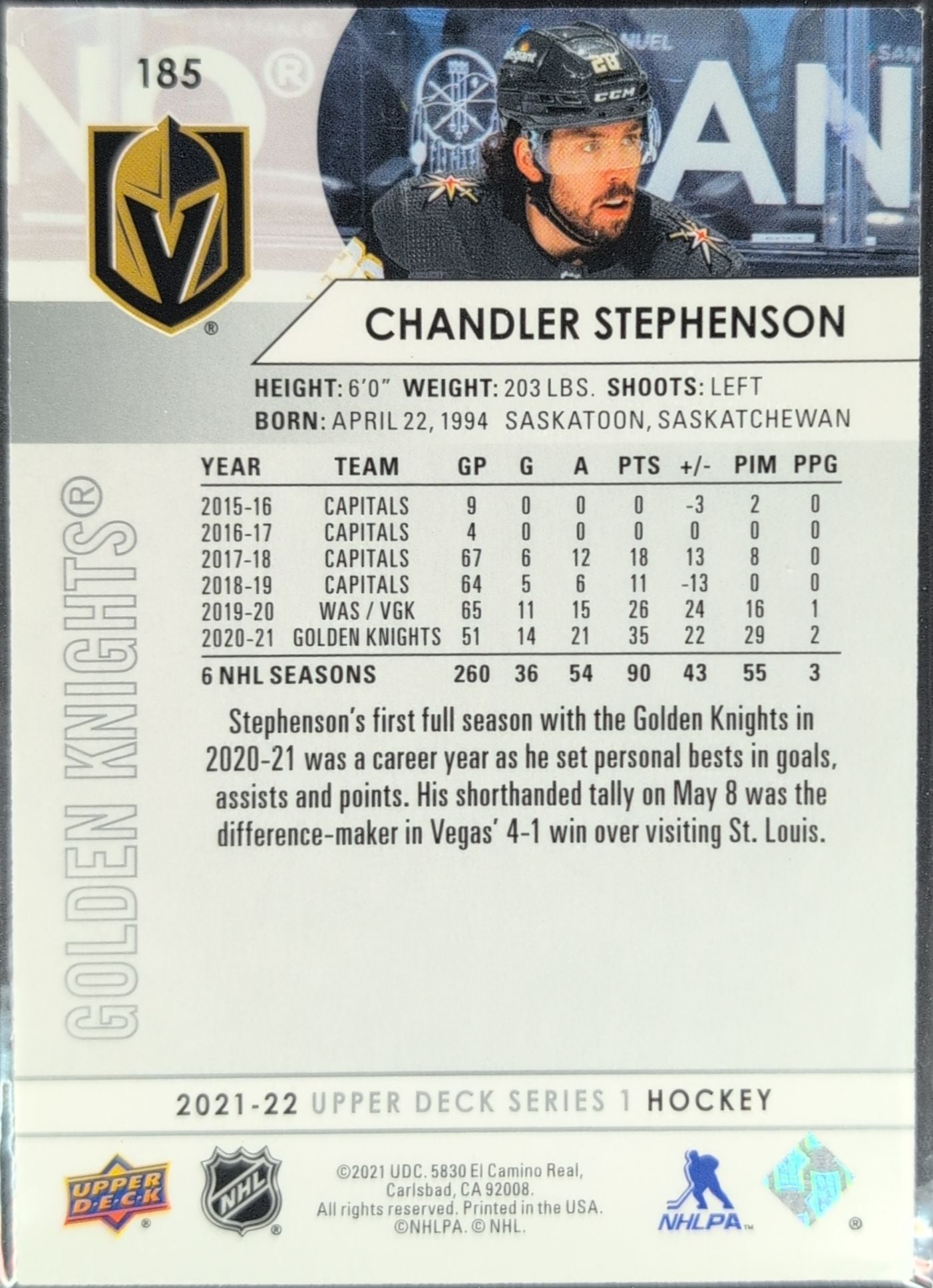 2021-2022 Upper Deck Chandler Stephenson #185 Vegas Golden Knights back
