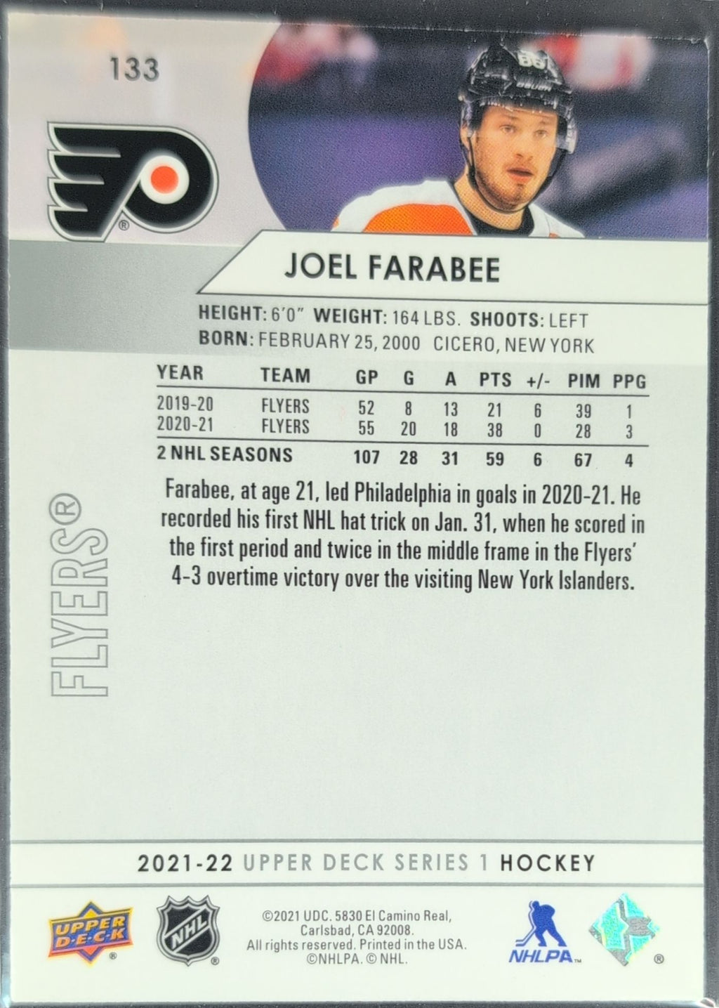 2021-2022 Upper Deck Joel Farabee #133 Philadelphia Flyers back