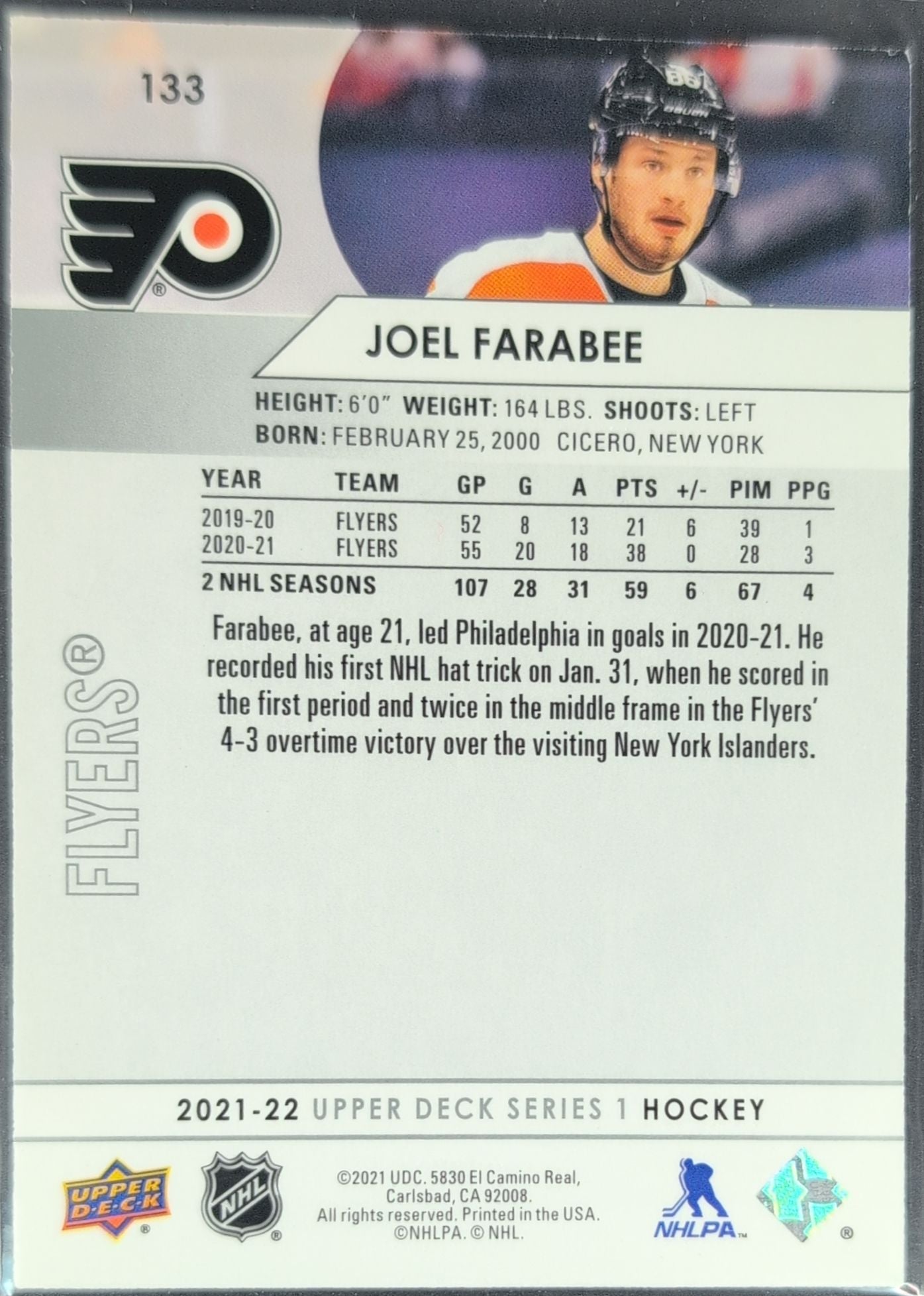 2021-2022 Upper Deck Joel Farabee #133 Philadelphia Flyers back