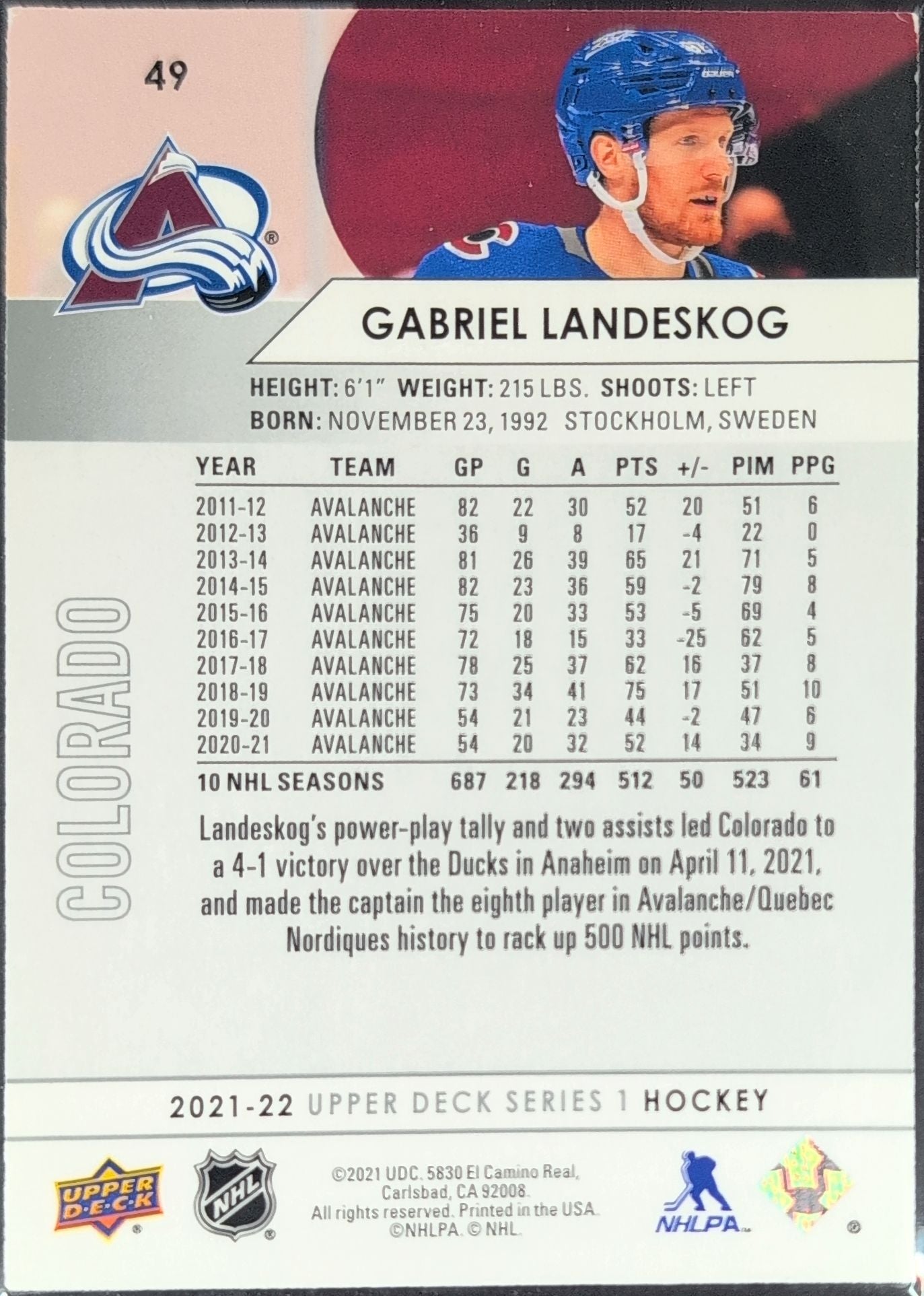 2021-2022 Upper Deck Gabriel Landeskog #49 Colorado Avalanche back