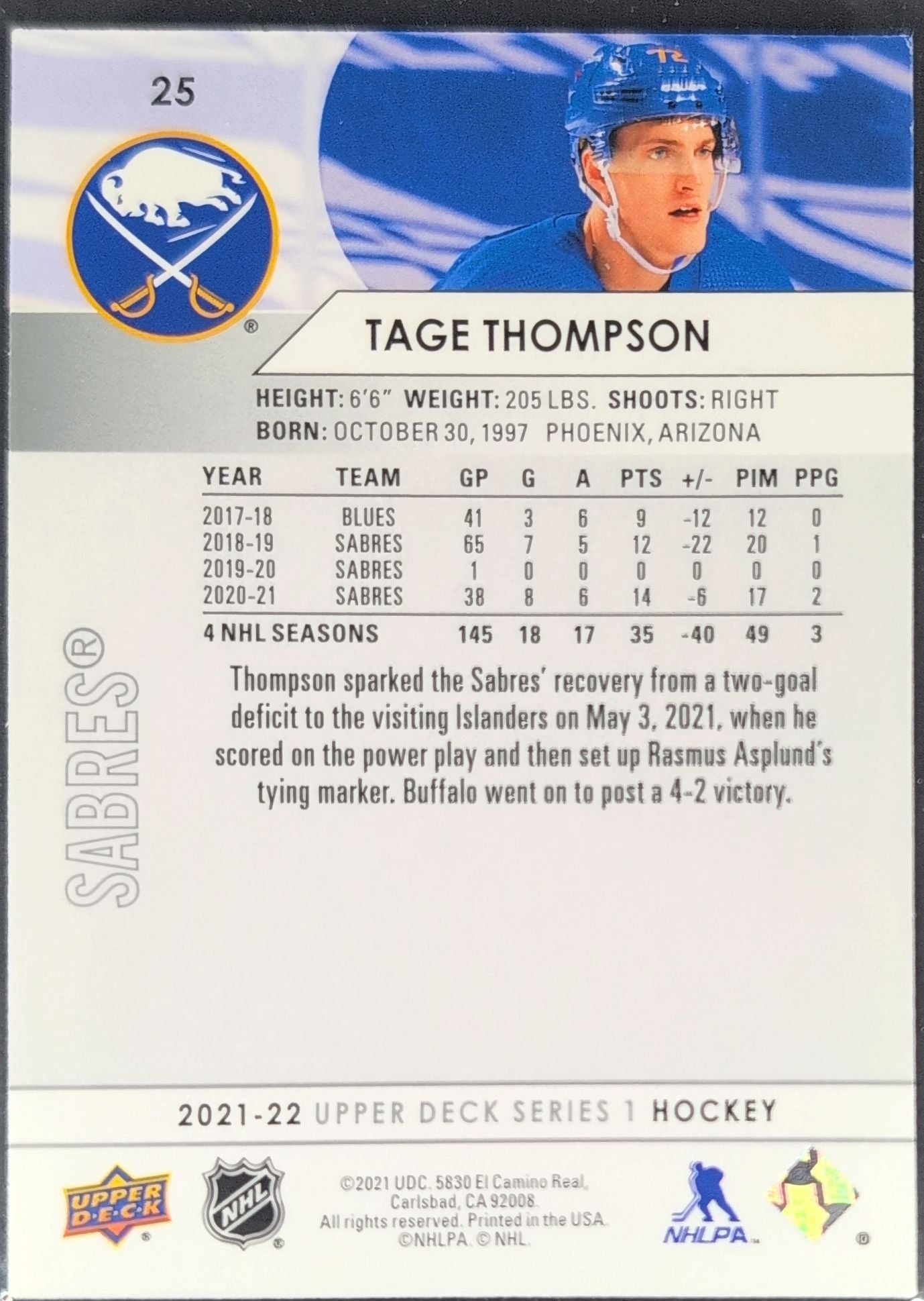 2021-22 Upper Deck Tage Thompson #25 Buffalo Sabres back