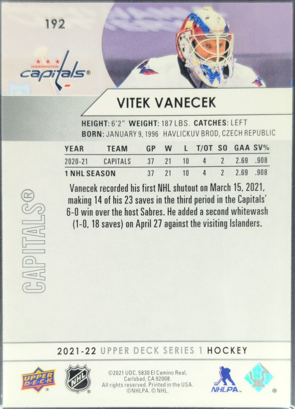 2021-2022 Upper Deck Vitek Vanecek #192 Washington Capitals back