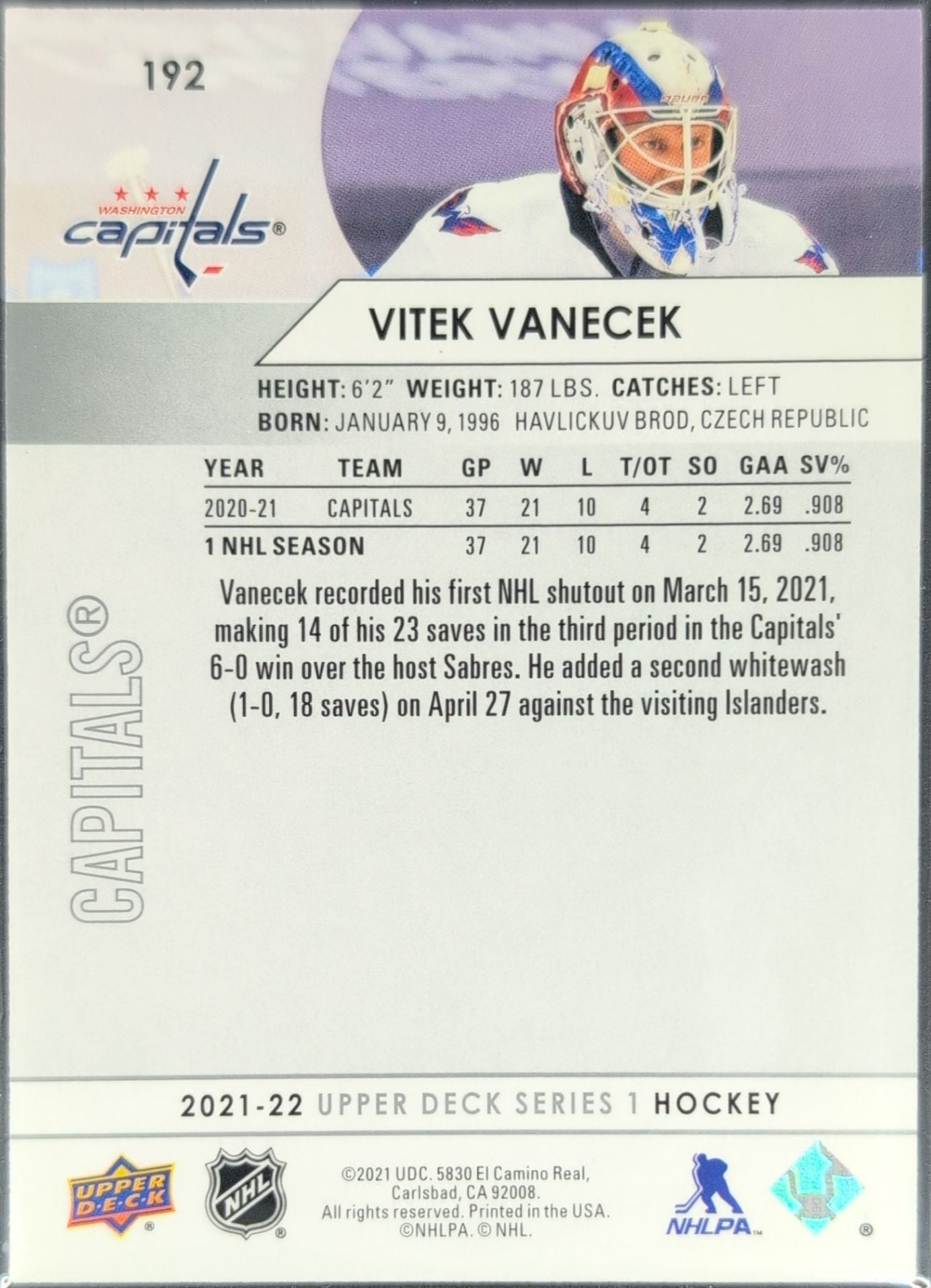 2021-2022 Upper Deck Vitek Vanecek #192 Washington Capitals back